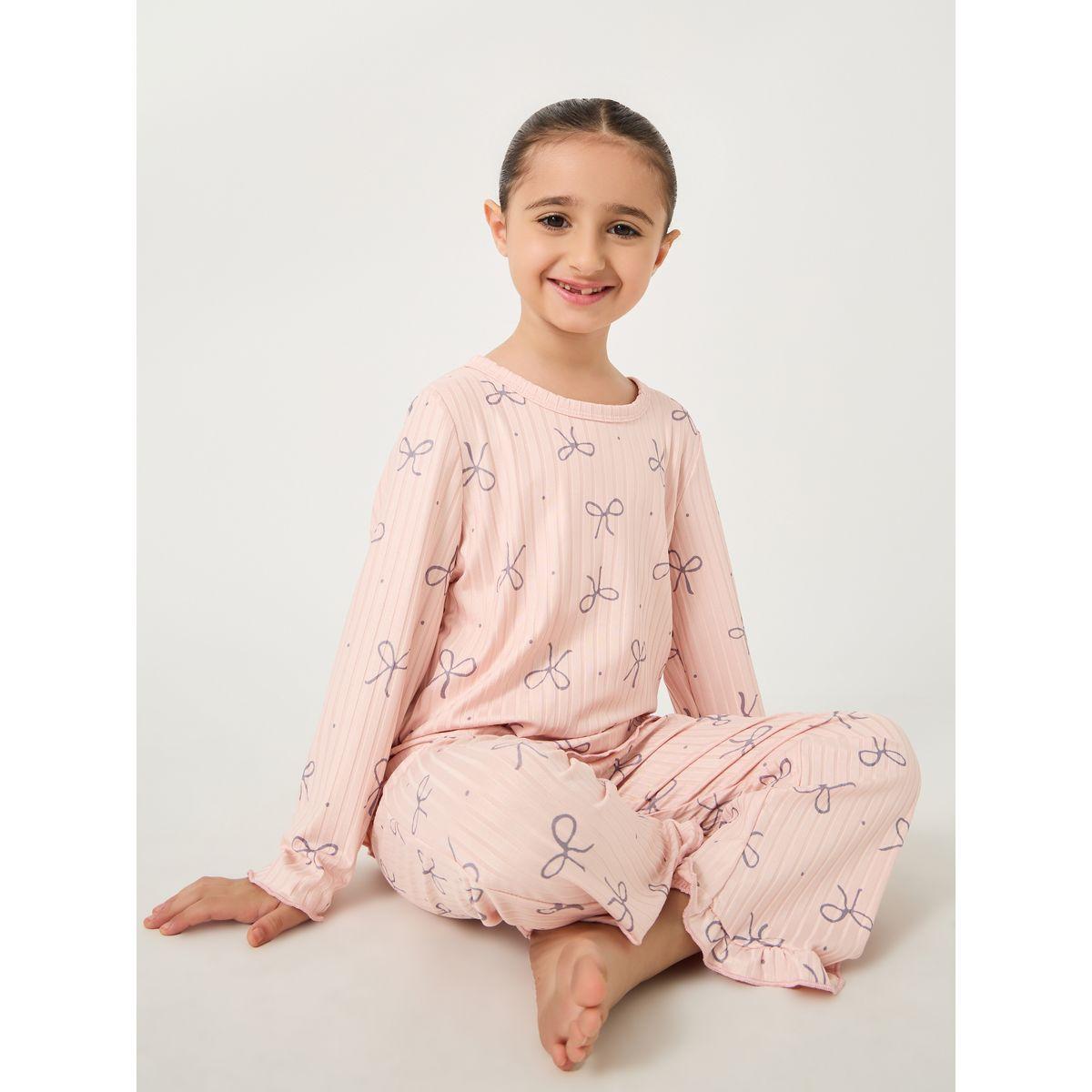 Styli Printed Round Neck T-Shirt and Pyjama Set-girls-clothing-nightwear-image-1
