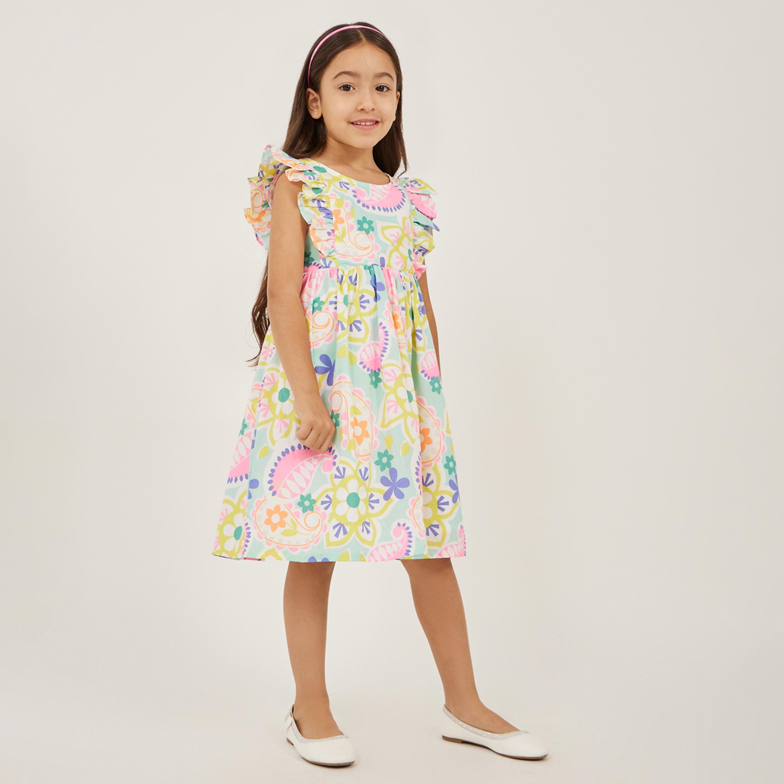 ستايلي - فستان مطبوع للبنات الصغار مع كشكشة-girls-clothing-dressesandjumpsuits-image-1