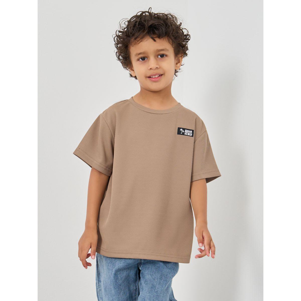 Styli Textured Round Neck T-Shirt with Badge Detail-boys-clothing-tshirtsandpolos-image-1