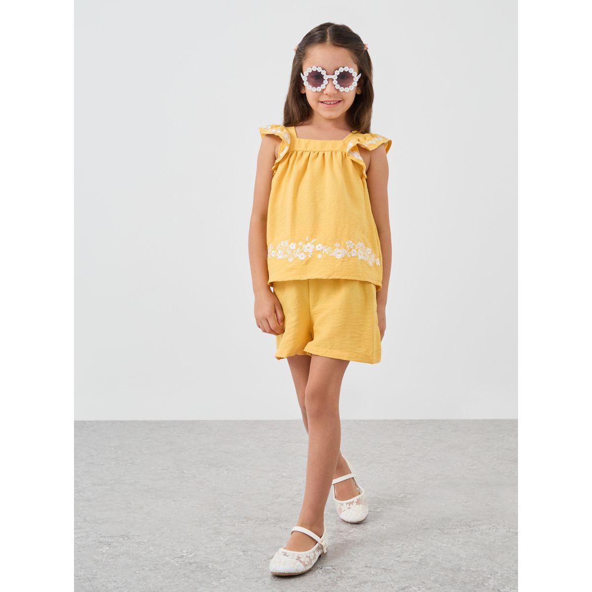 Styli Girls Embroidered Ruffled Sleeves Blouse and Shorts Set-girls-clothing-setsandcoords-image-1