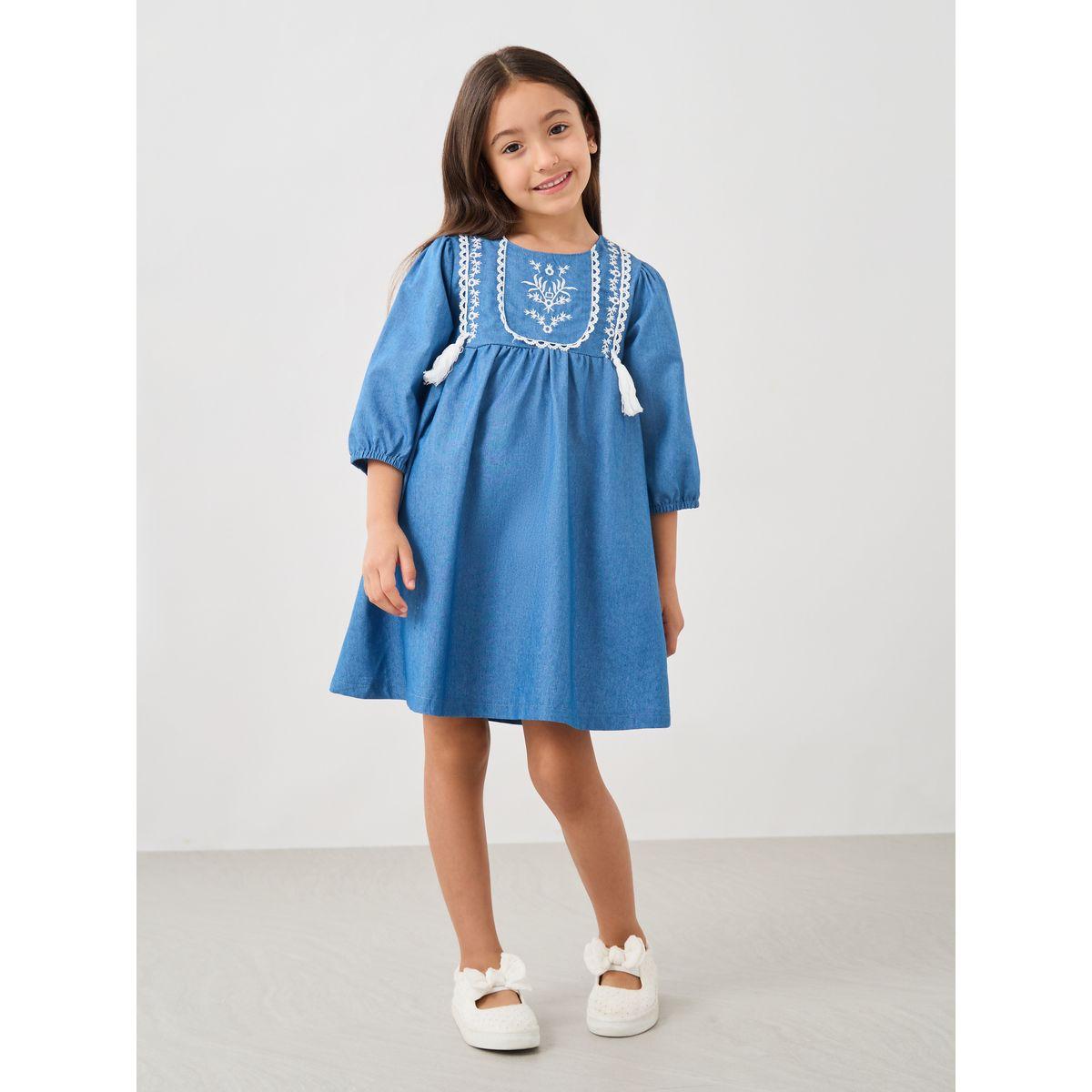 Styli Embroidered Balloon Sleeve Denim Dress-girls-clothing-dressesandjumpsuits-image-1
