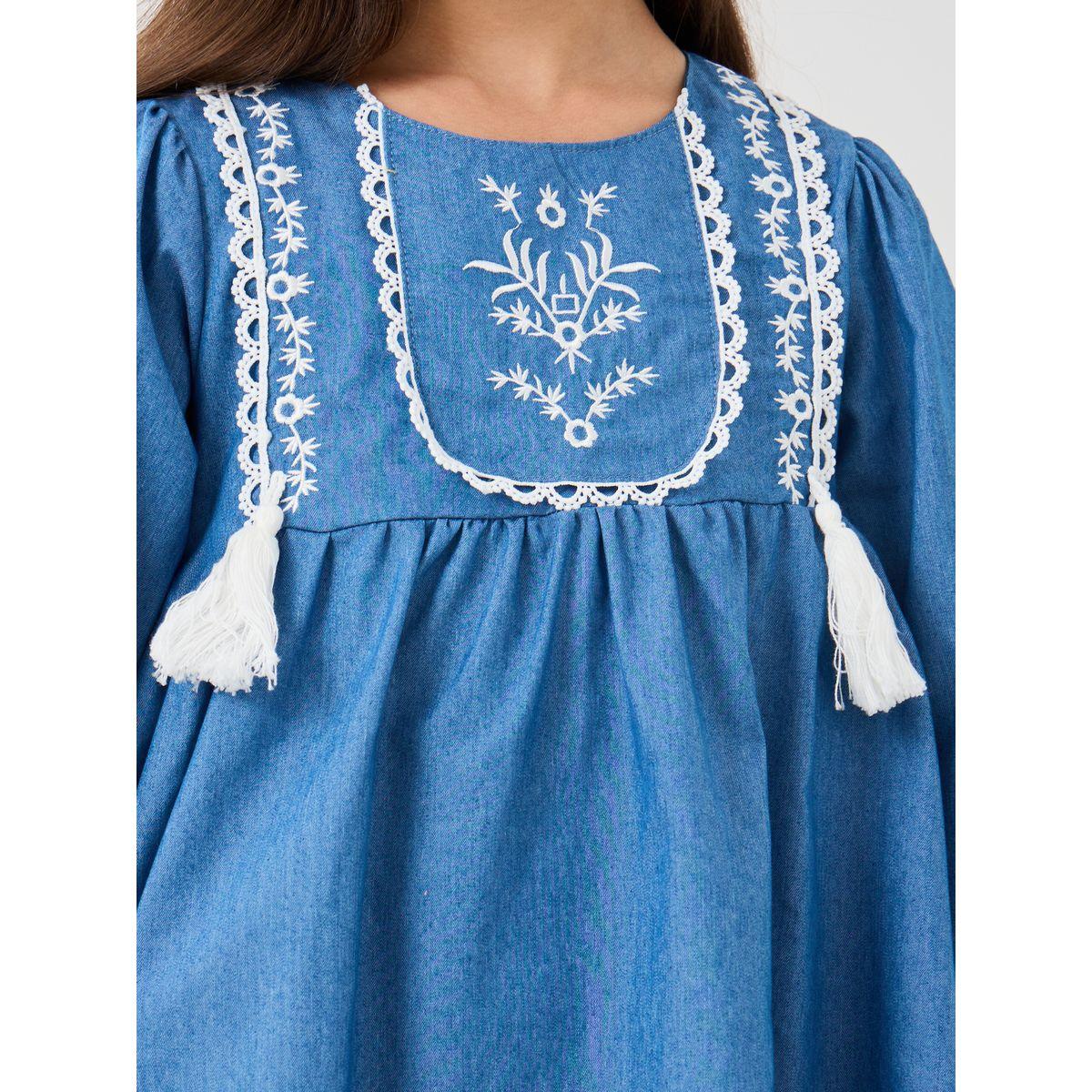 Styli Embroidered Balloon Sleeve Denim Dress-girls-clothing-dressesandjumpsuits-image-3