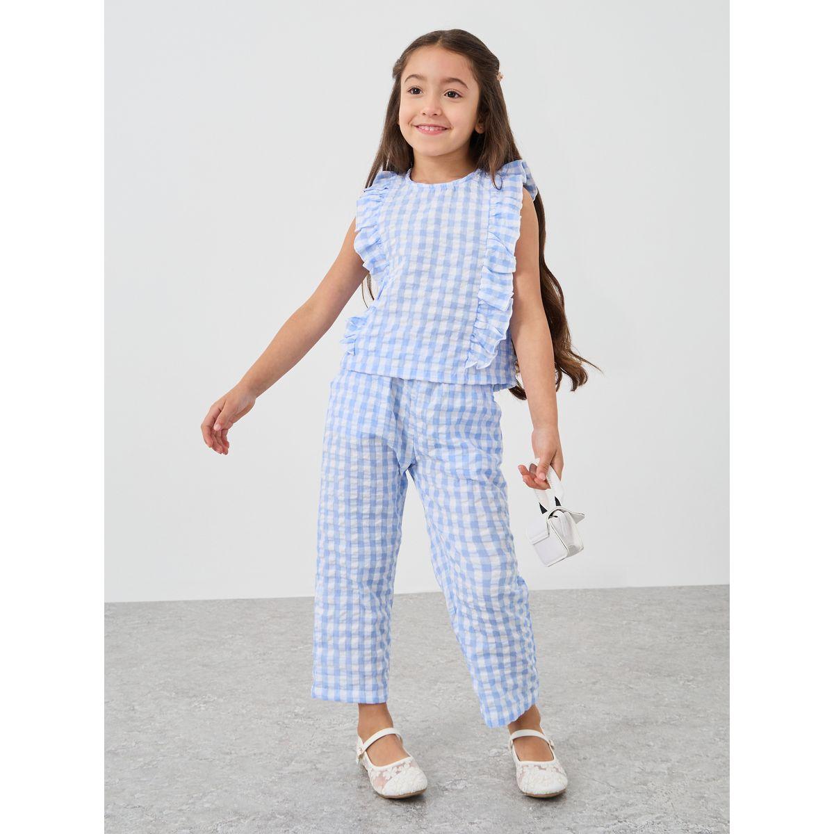 طقم من بنطال وبلوزة بطبعة مربعات-girls-clothing-setsandcoords-image-1