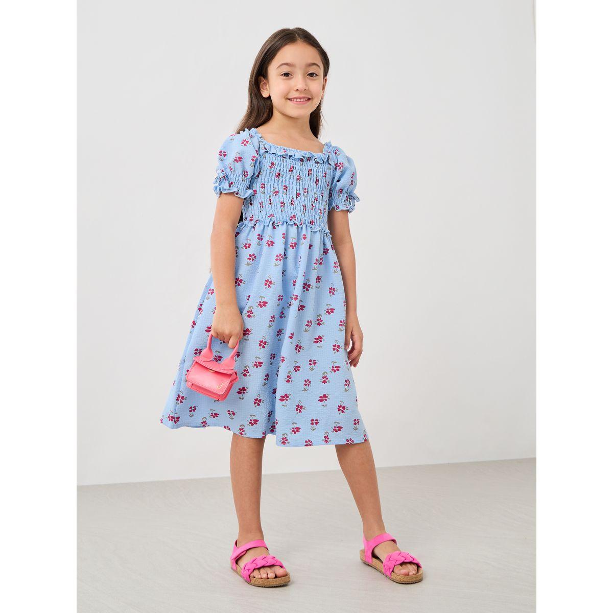 فستان مطبع بأكمام منفوخة وتفاصيل مزمومة-girls-clothing-dressesandjumpsuits-image-1