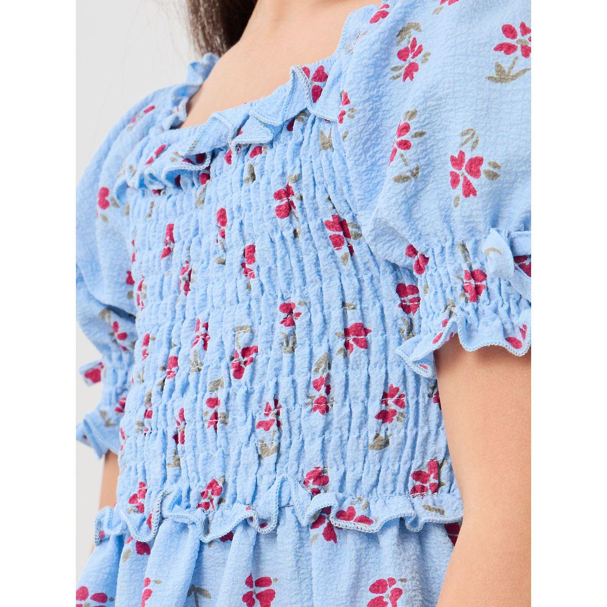 فستان مطبع بأكمام منفوخة وتفاصيل مزمومة-girls-clothing-dressesandjumpsuits-image-3