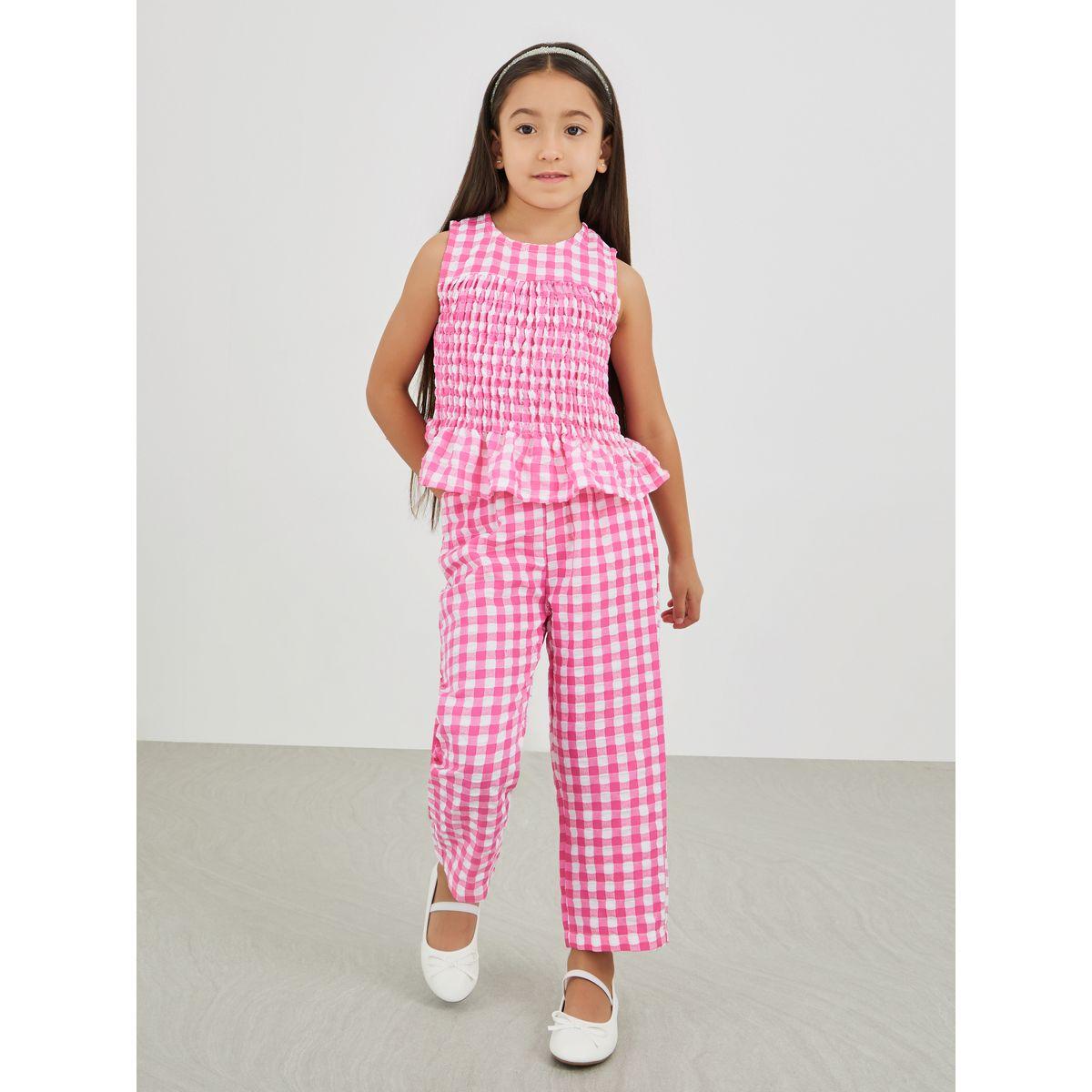 Styli Gingham Print Smocked Detail Top and Trousers Set-girls-clothing-setsandcoords-image-1