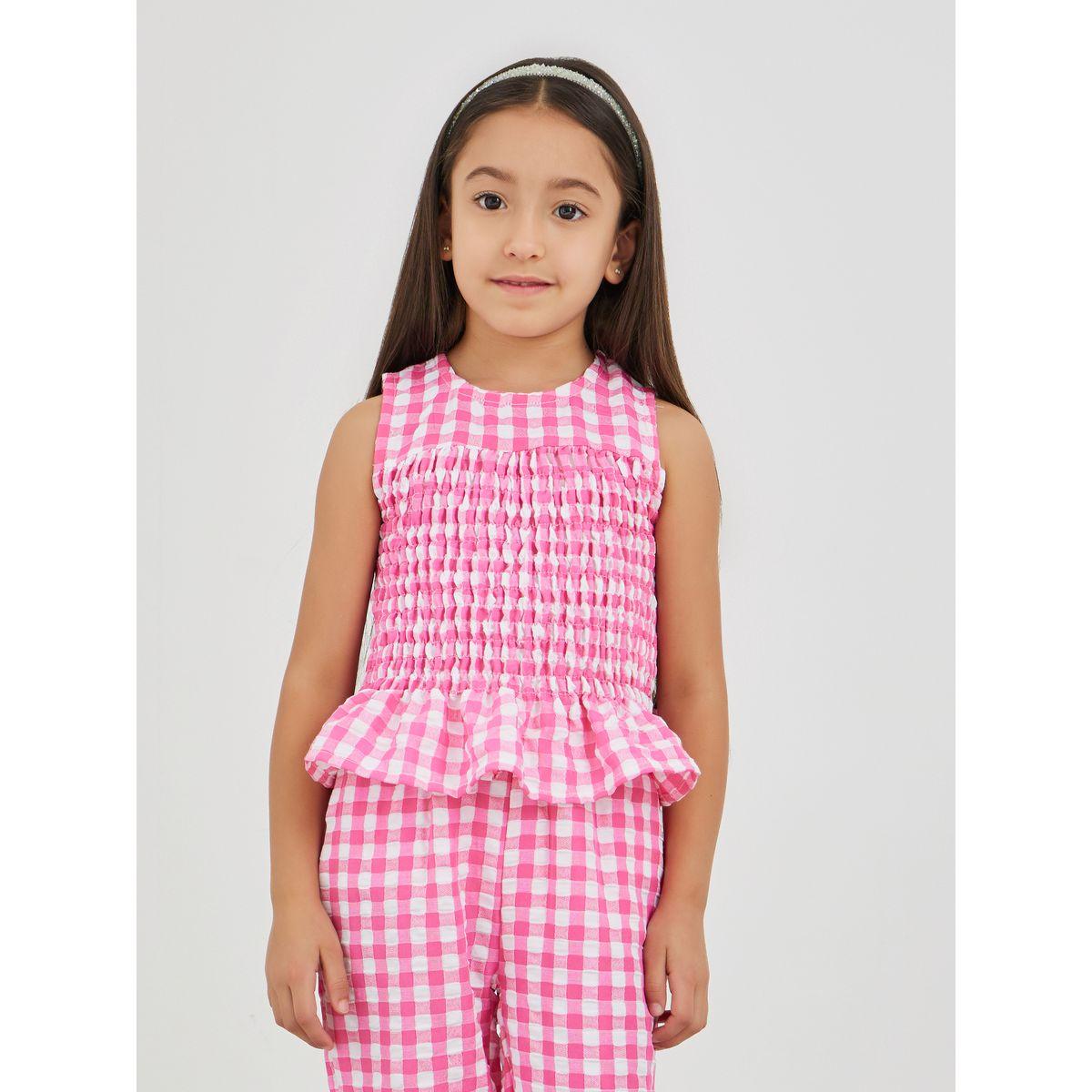 Styli Gingham Print Smocked Detail Top and Trousers Set-girls-clothing-setsandcoords-image-2