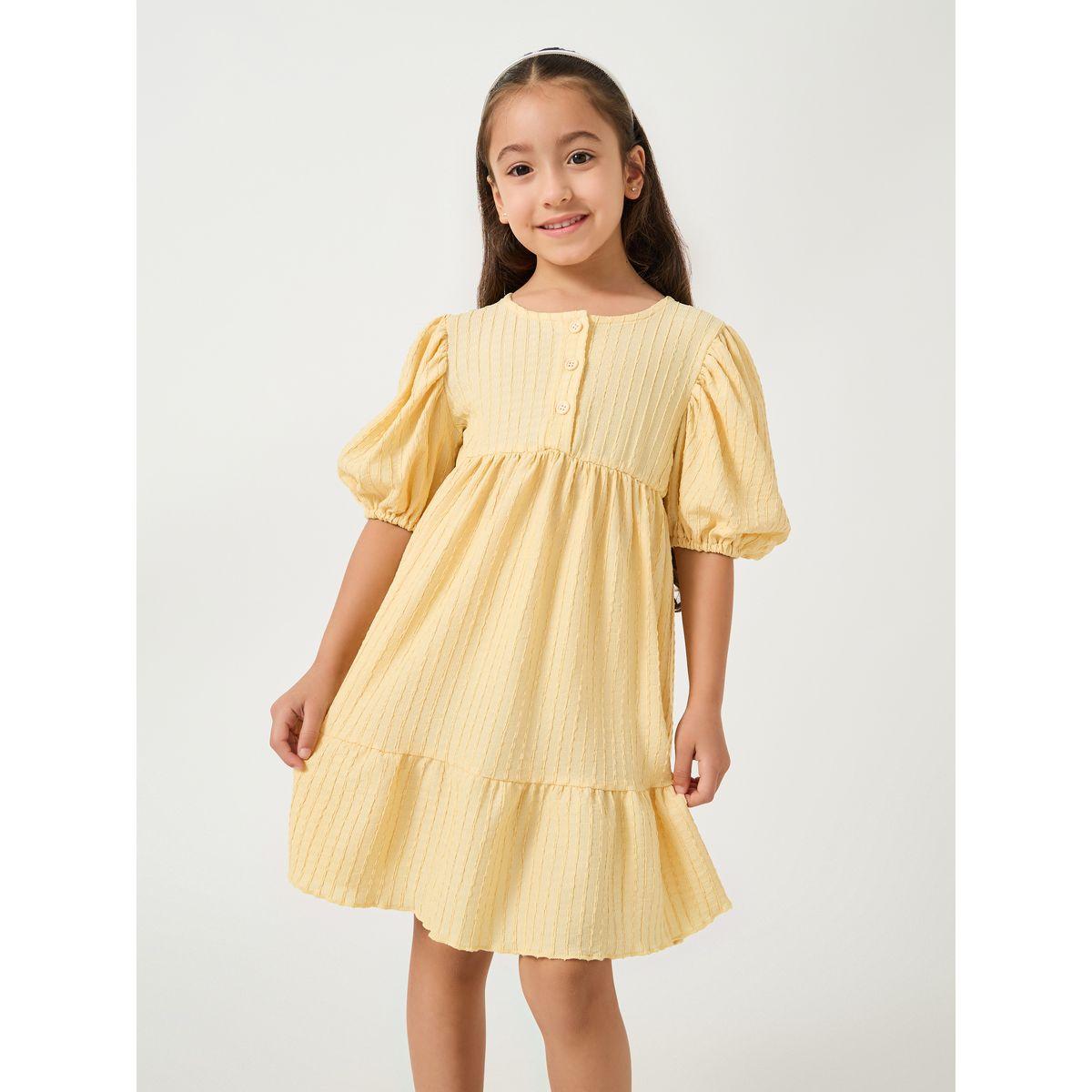 Styli Textured Puff Sleeves Dress with Half-Button Placket-girls-clothing-dressesandjumpsuits-image-2