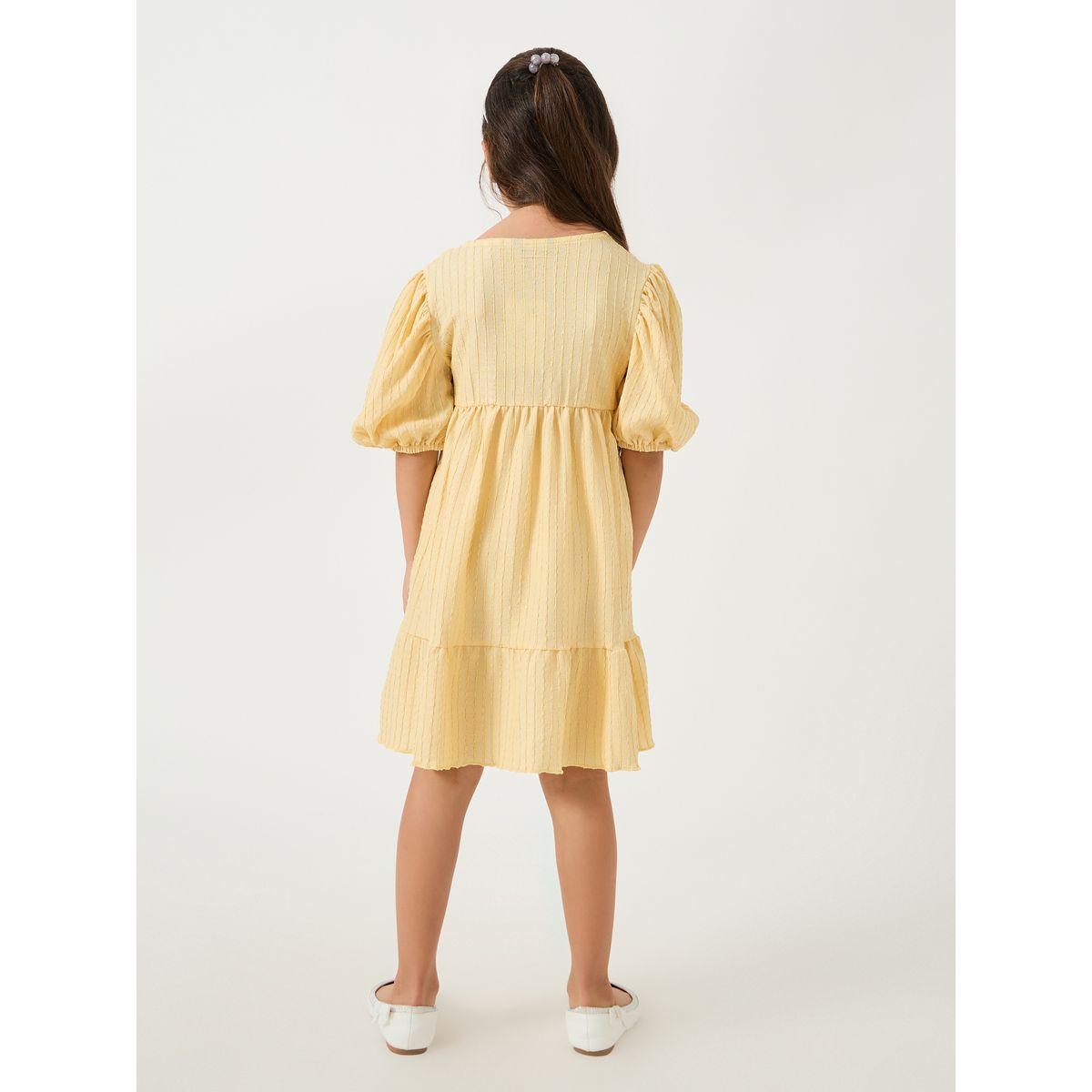 Styli Textured Puff Sleeves Dress with Half-Button Placket-girls-clothing-dressesandjumpsuits-image-4