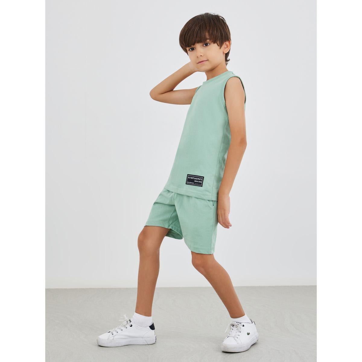 Styli Solid Badge Detail Sleeveless T-Shirt and Shorts Set-boys-clothing-setsandcoords-image-1