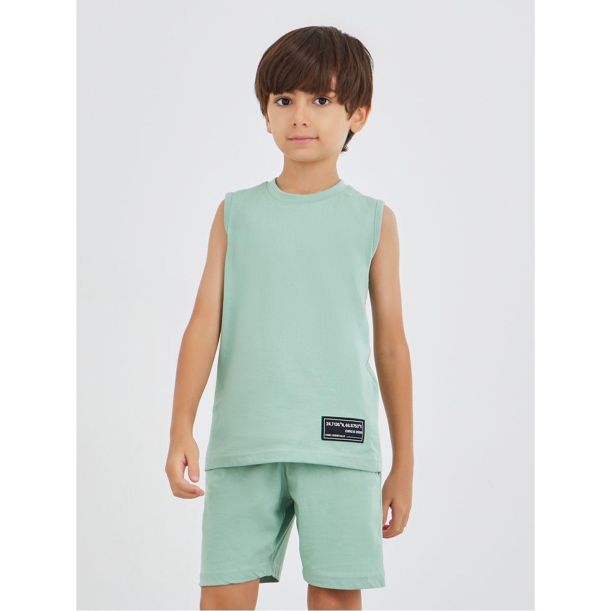 Styli Solid Badge Detail Sleeveless T-Shirt and Shorts Set-boys-clothing-setsandcoords-image-2