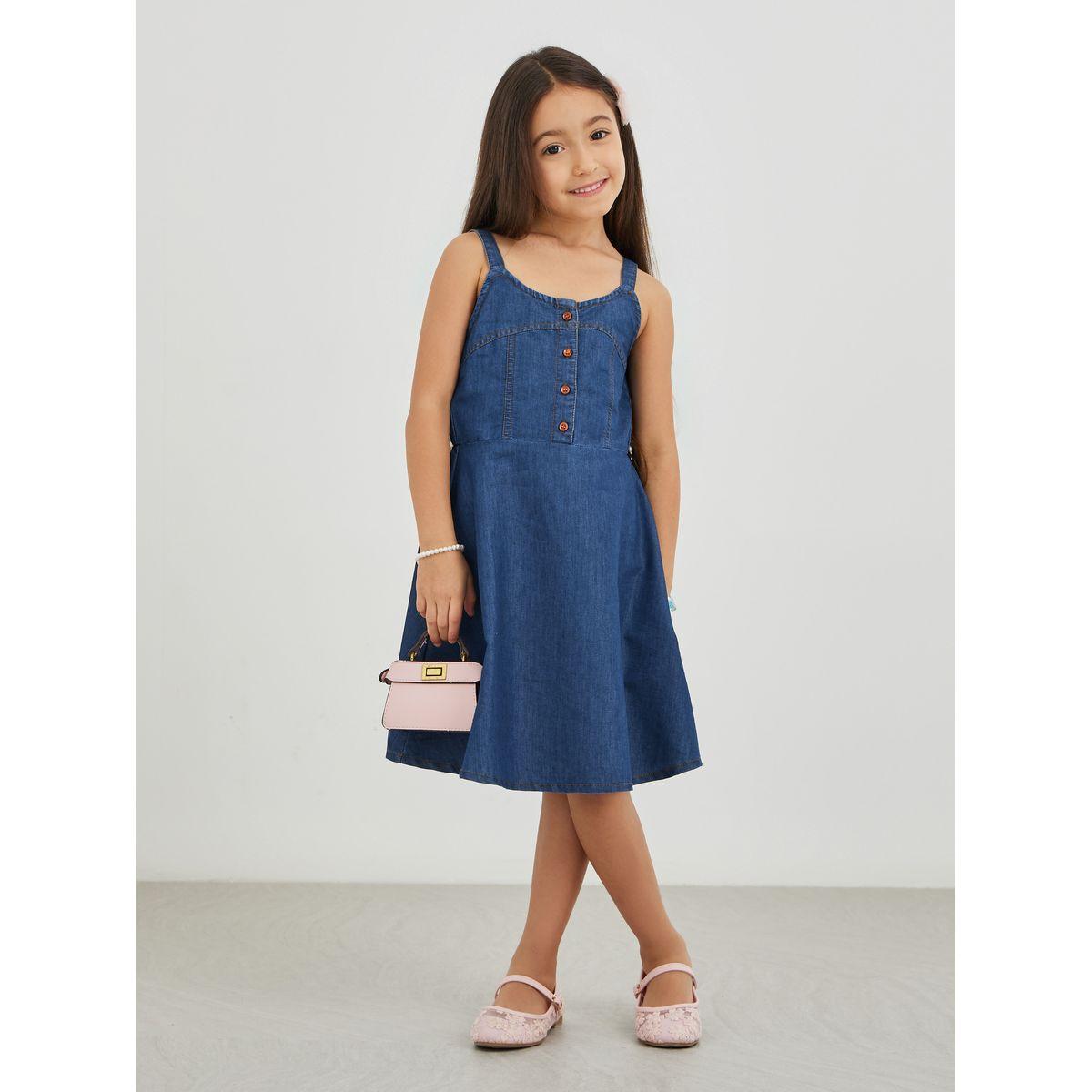 Styli Girls Blue Solid Denim A-Line Dress with Button Front-girls-clothing-dressesandjumpsuits-image-1