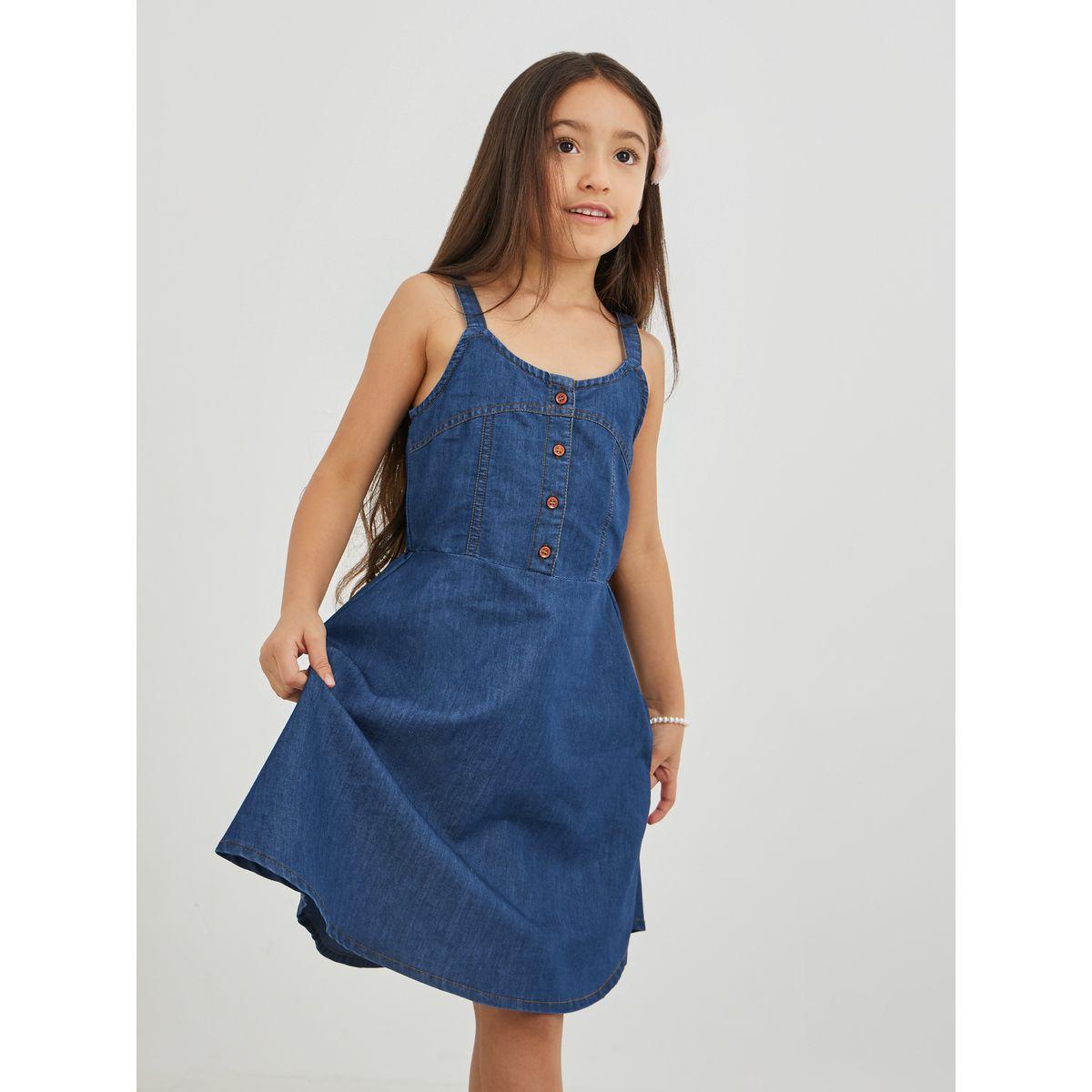 فستان سادة بنسيج دنيم مع تفاصيل أزرار-girls-clothing-dressesandjumpsuits-image-2