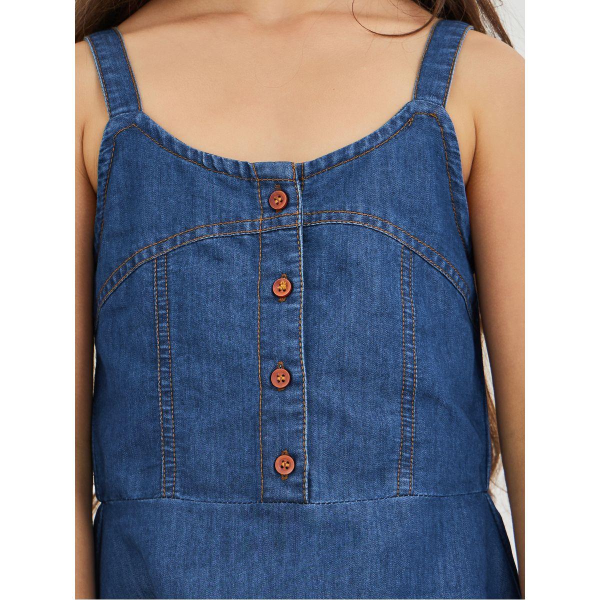Styli Girls Blue Solid Denim A-Line Dress with Button Front-girls-clothing-dressesandjumpsuits-image-3