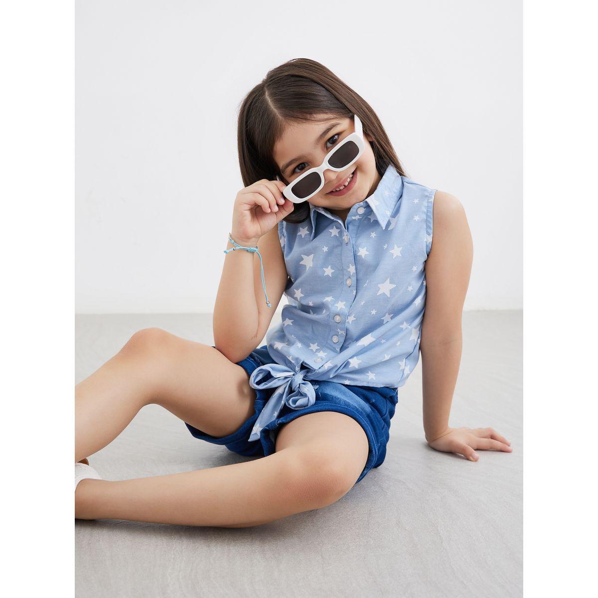 Styli Star Print Denim Shirt and Shorts Set-girls-clothing-setsandcoords-image-1
