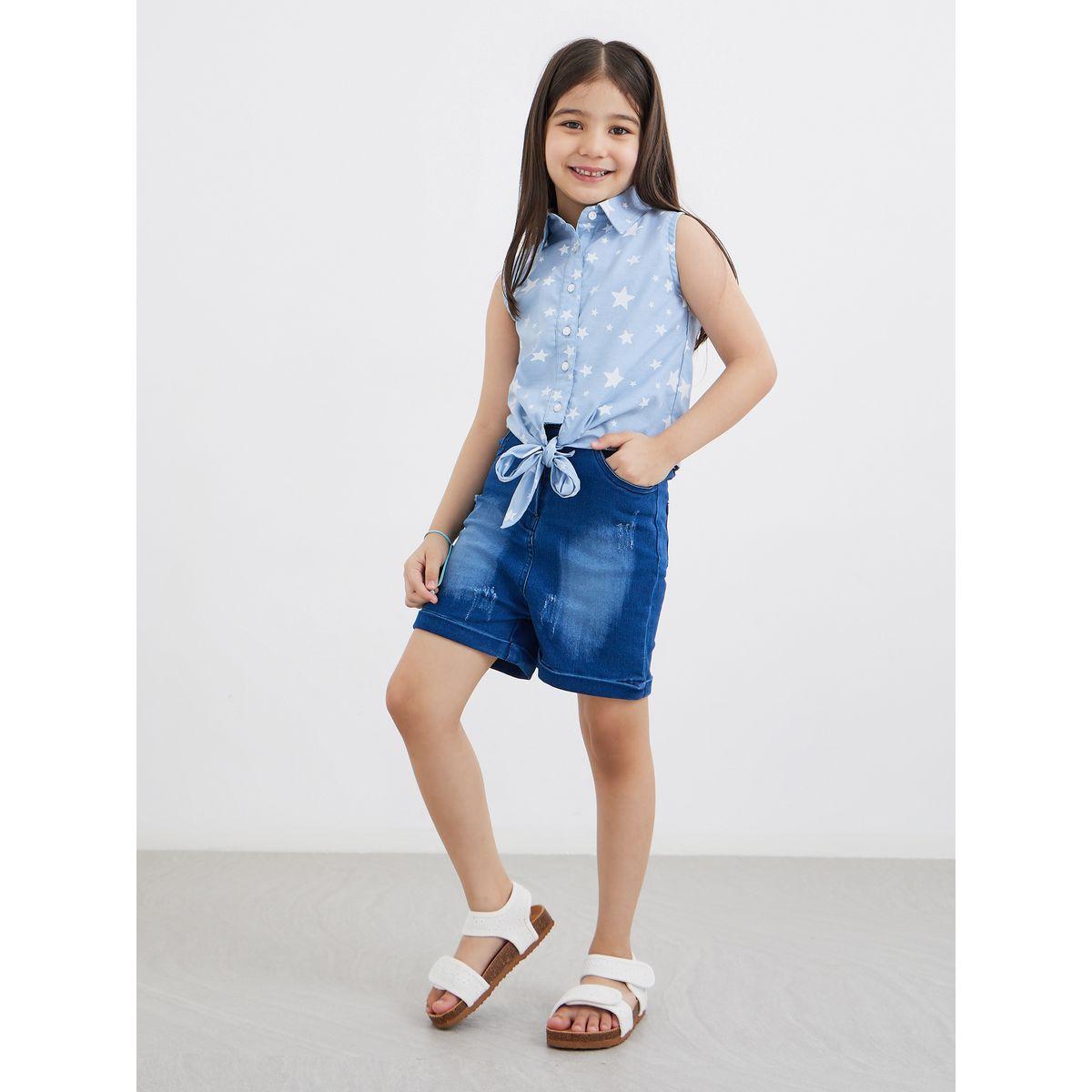 Styli Star Print Denim Shirt and Shorts Set-girls-clothing-setsandcoords-image-2