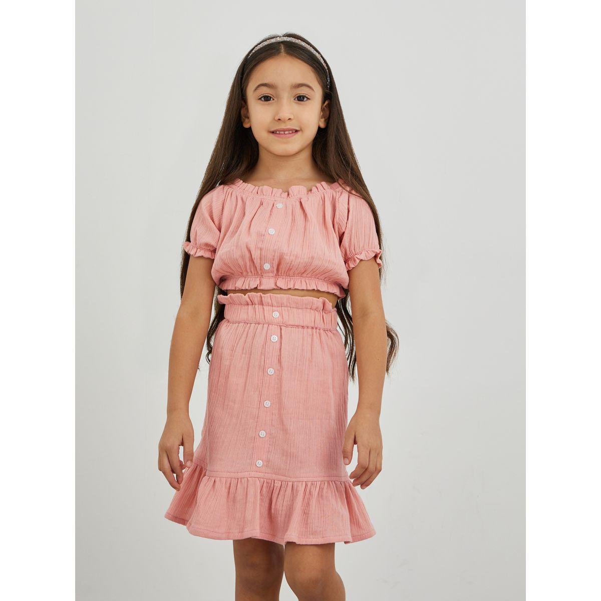 Styli Buttoned Puff Sleeve Crop Top and Skirts Set-girls-clothing-setsandcoords-image-2