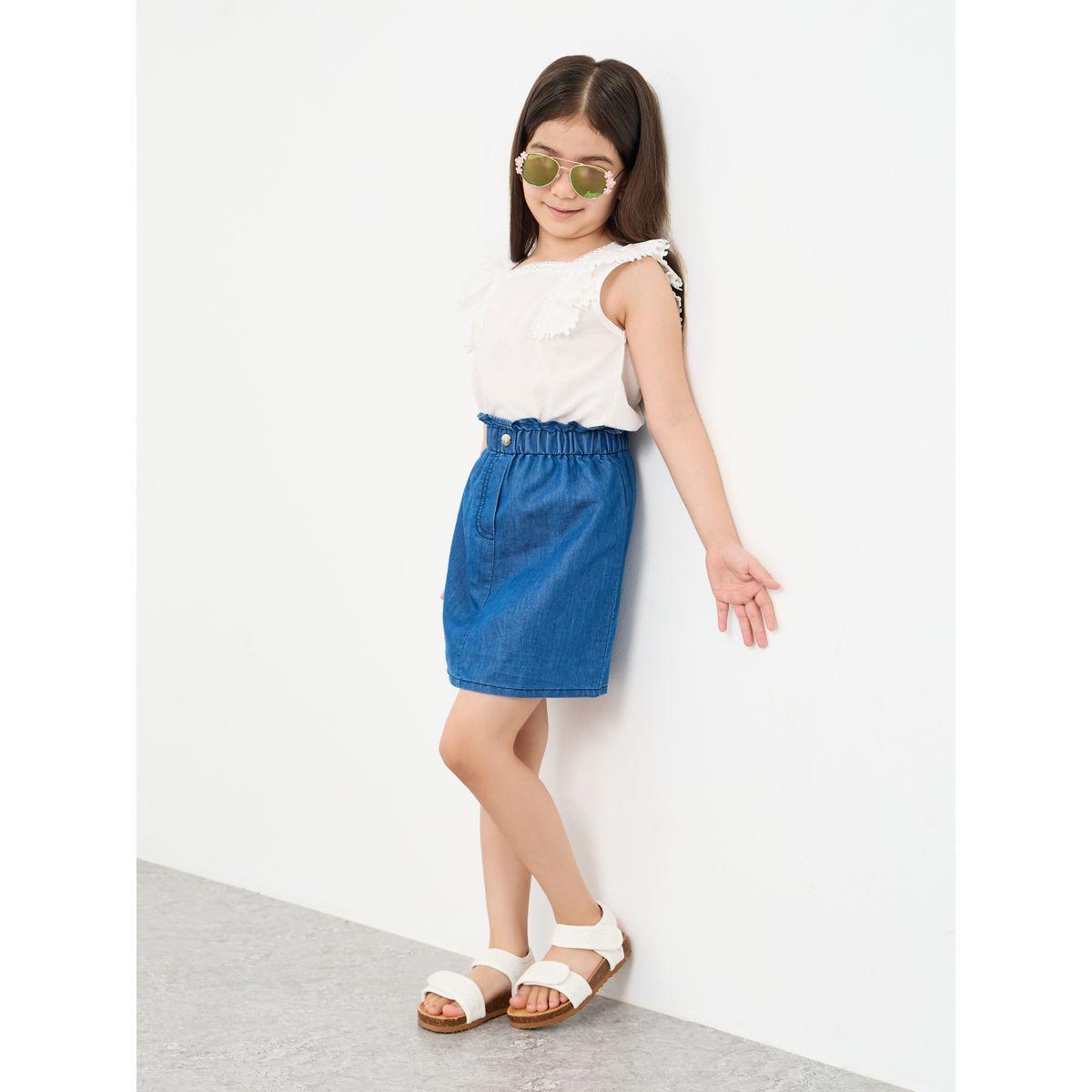 تنورة قصيرة بنسيج دنيم وخصر مطاطي-girls-clothing-bottoms-skirts-image-1