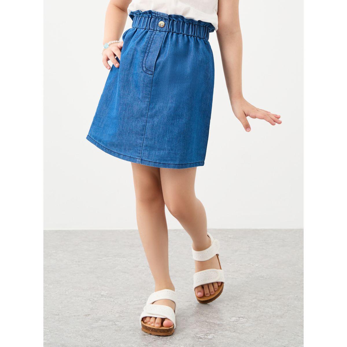 تنورة قصيرة بنسيج دنيم وخصر مطاطي-girls-clothing-bottoms-skirts-image-2