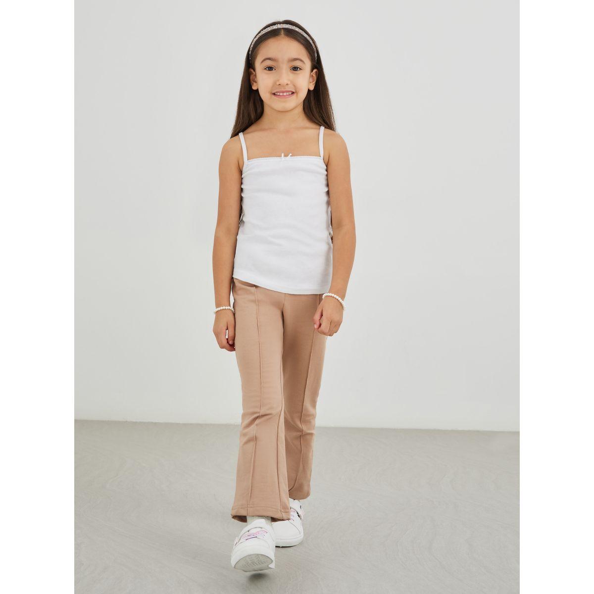 Styli Girls Beige Solid Pin Tuck Flared Leggings-girls-clothing-bottoms-leggings-image-2