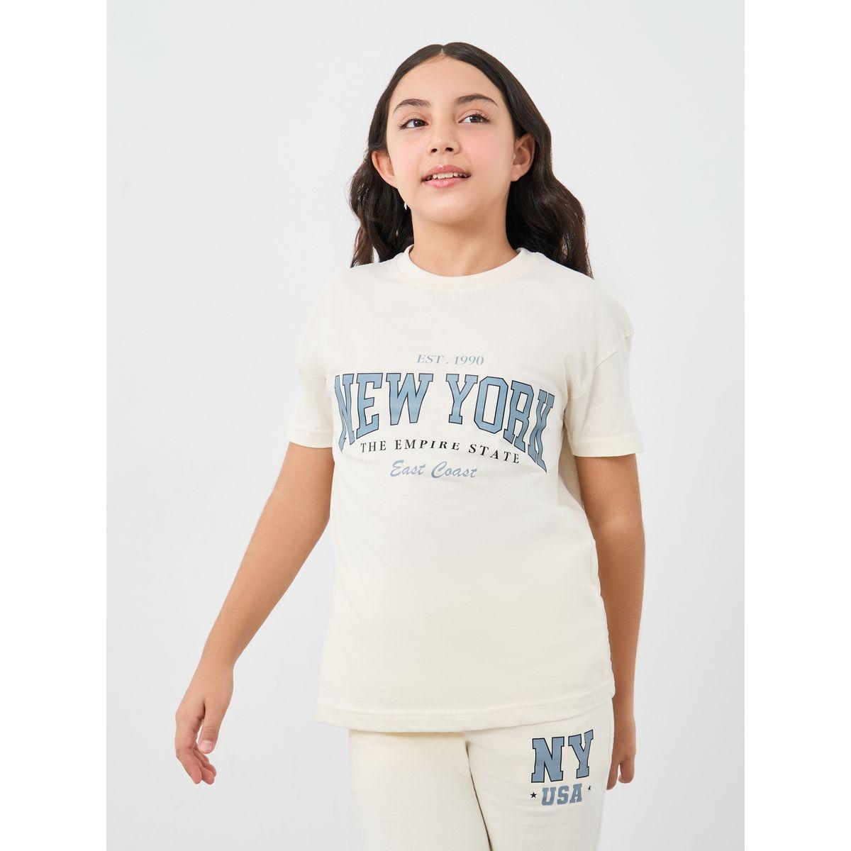 Styli Girls Off White Slogan Print Oversized T-Shirt and Wide Leg Joggers Set-girls-clothing-setsandcoords-image-3