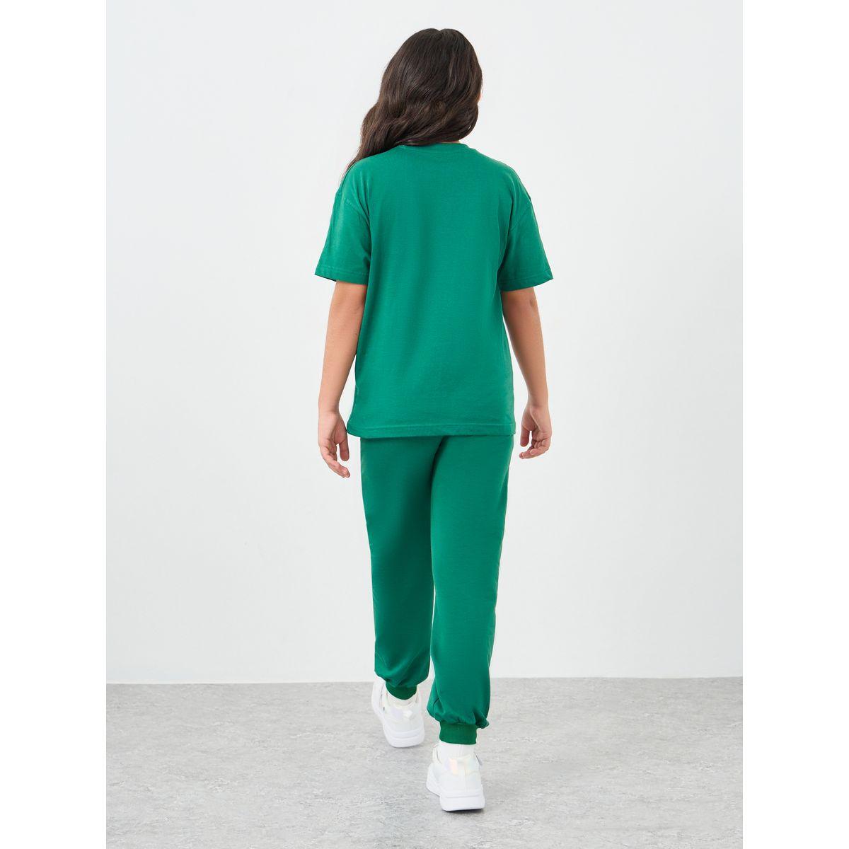 Styli Girls Green Text Print Oversized T-Shirt and Joggers Set-girls-clothing-setsandcoords-image-6