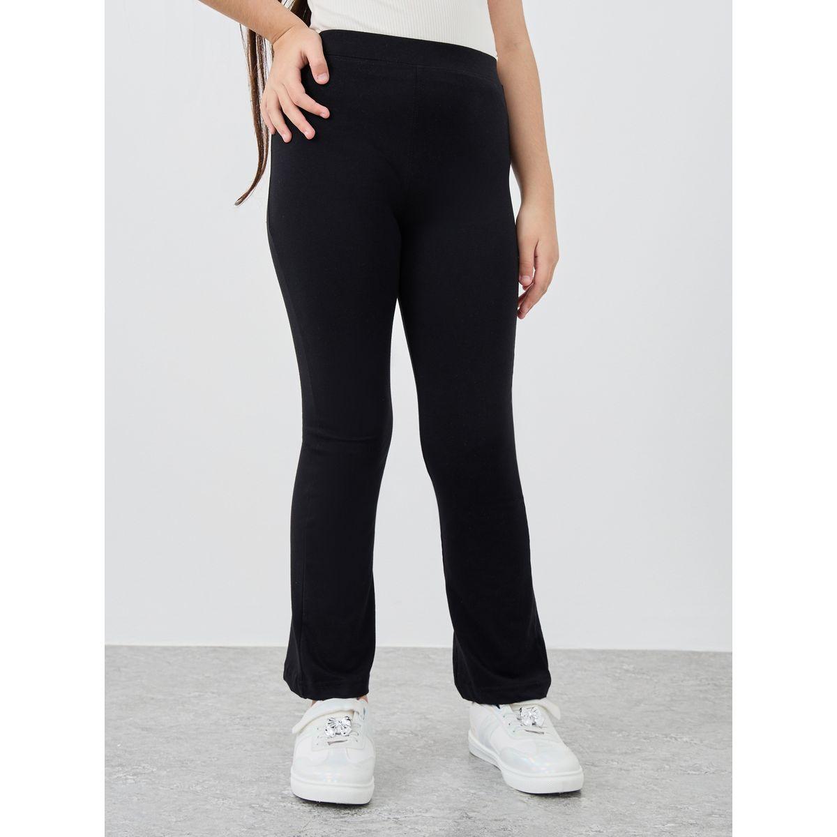 Styli Girls Black Solid Elasticated Waistband Flared Leggings-girls-clothing-bottoms-leggings-image-1