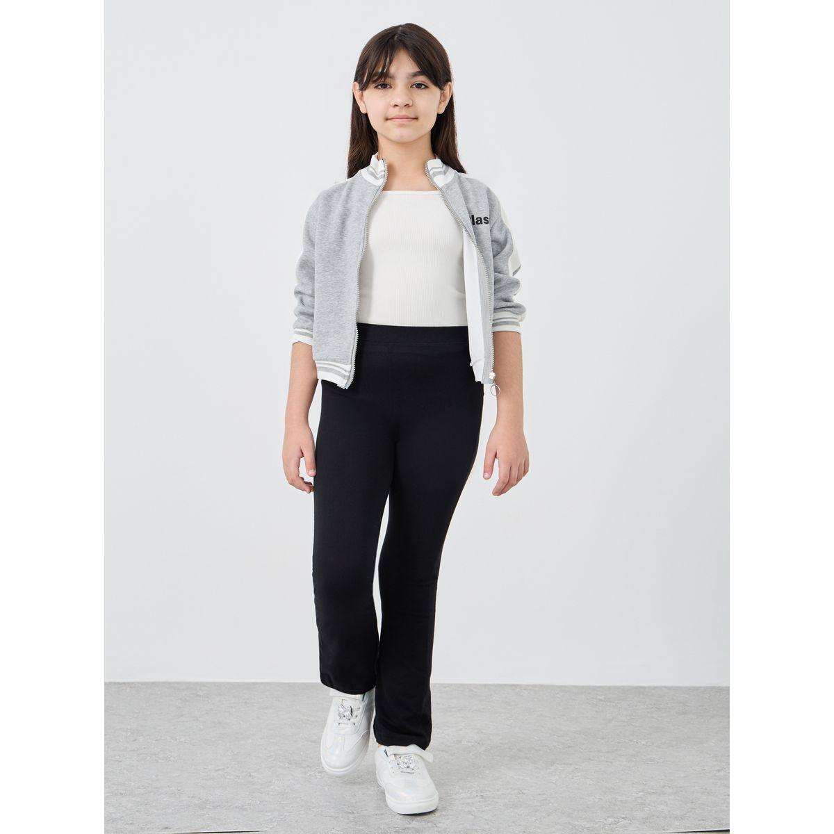 Styli Girls Black Solid Elasticated Waistband Flared Leggings-girls-clothing-bottoms-leggings-image-2