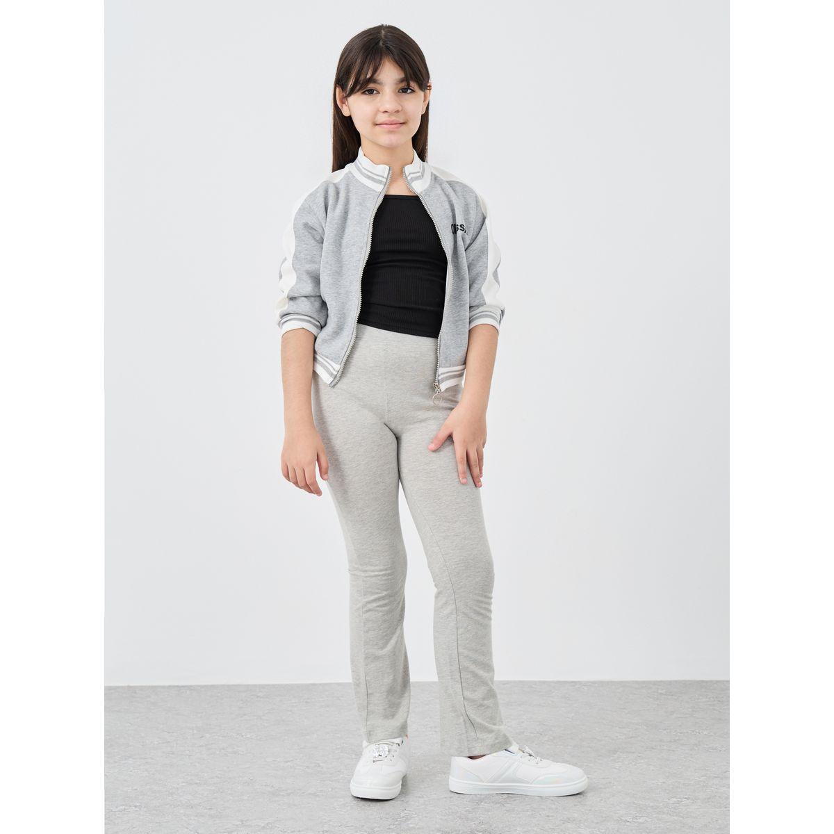 Styli Girls Grey Solid Elasticated Waistband Flared Leggings-girls-clothing-bottoms-leggings-image-2