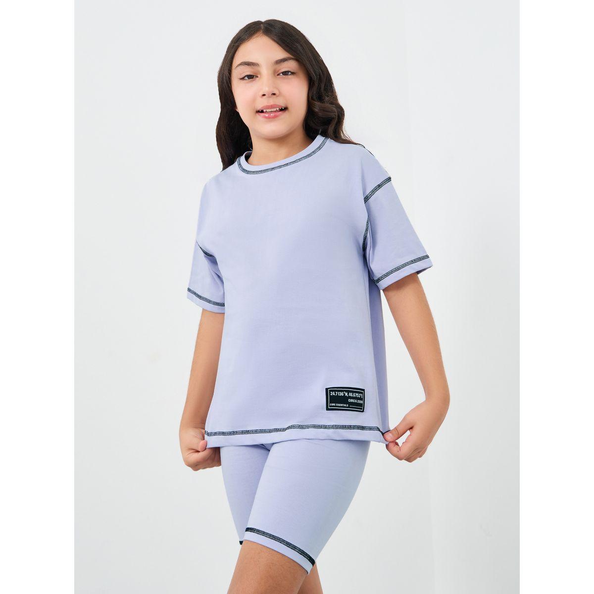 Styli Girls Lilac Contrast Stitch Detail Oversized T-Shirt and Shorts Set-girls-clothing-setsandcoords-image-3