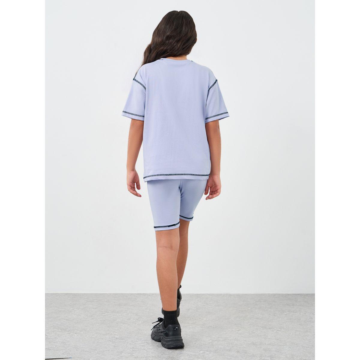 Styli Girls Lilac Contrast Stitch Detail Oversized T-Shirt and Shorts Set-girls-clothing-setsandcoords-image-6