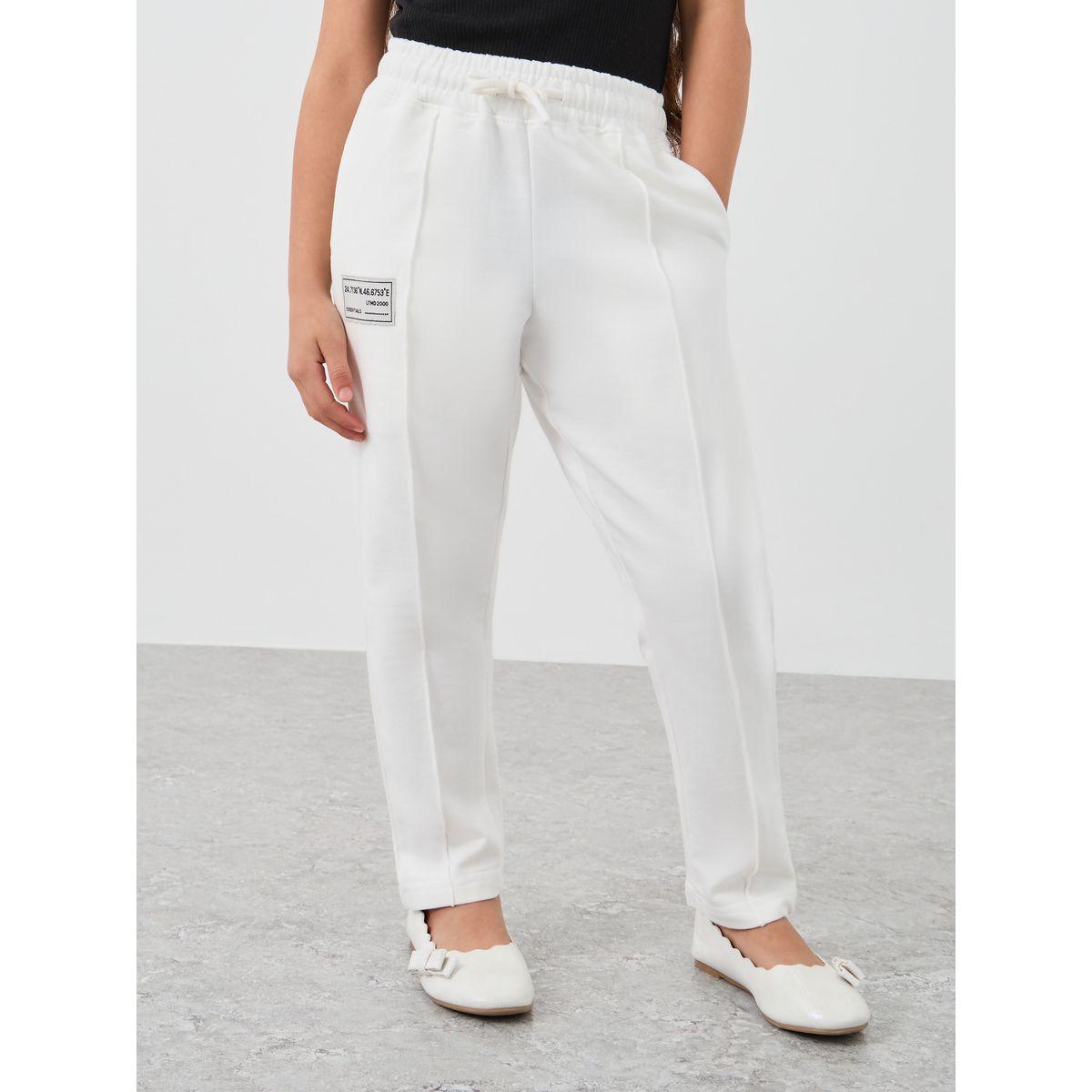 Styli Girls Off White Solid Drawstring Waist Joggers with Front Seam-girls-clothing-bottoms-joggersandtrackpants-image-1