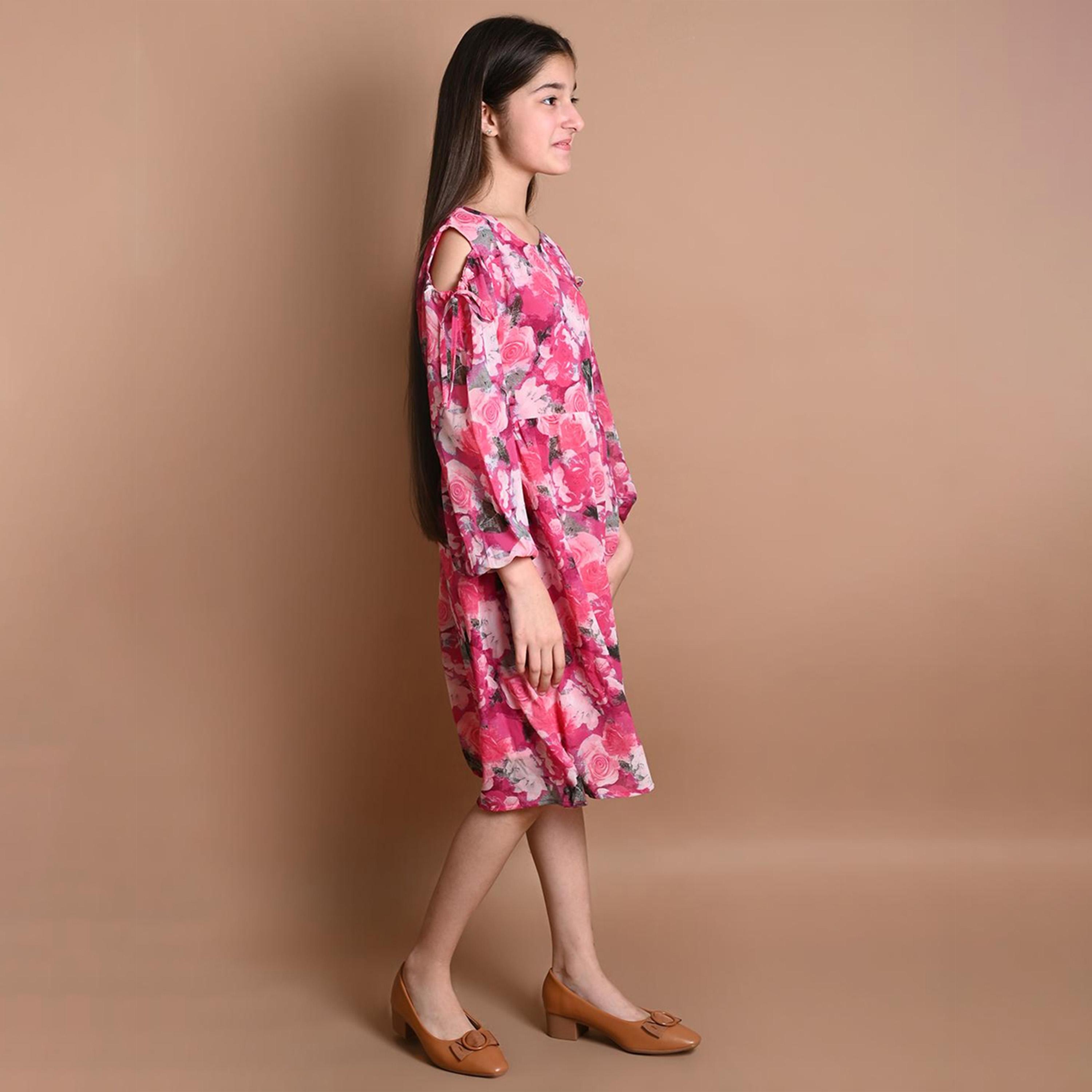 ليبيكس × ستايلي-  فستان جورجيت متوسط ​​الطول على شكل حرف A باللونين الوردي والأبيض-girls-clothing-dressesandjumpsuits-image-3