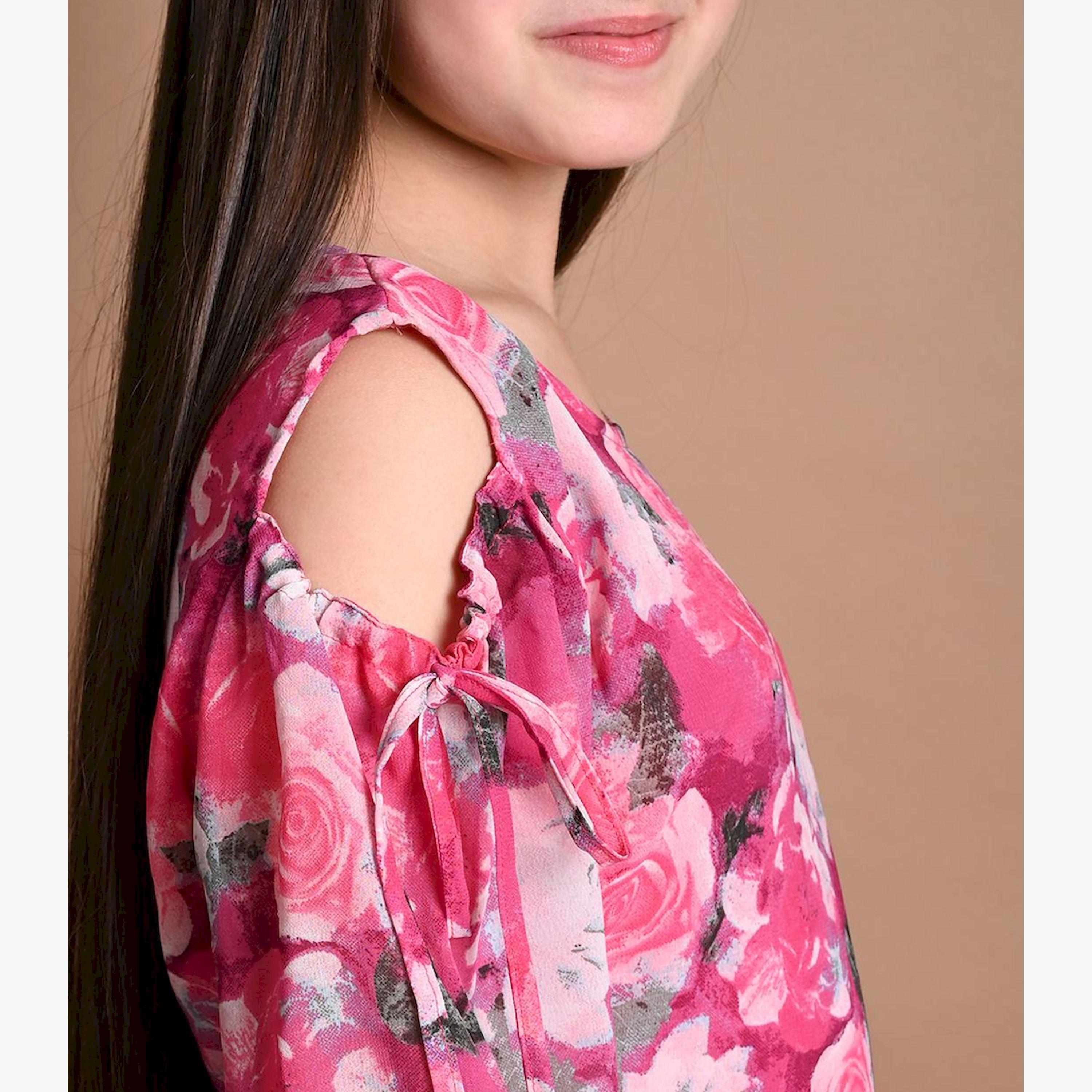 ليبيكس × ستايلي-  فستان جورجيت متوسط ​​الطول على شكل حرف A باللونين الوردي والأبيض-girls-clothing-dressesandjumpsuits-image-4