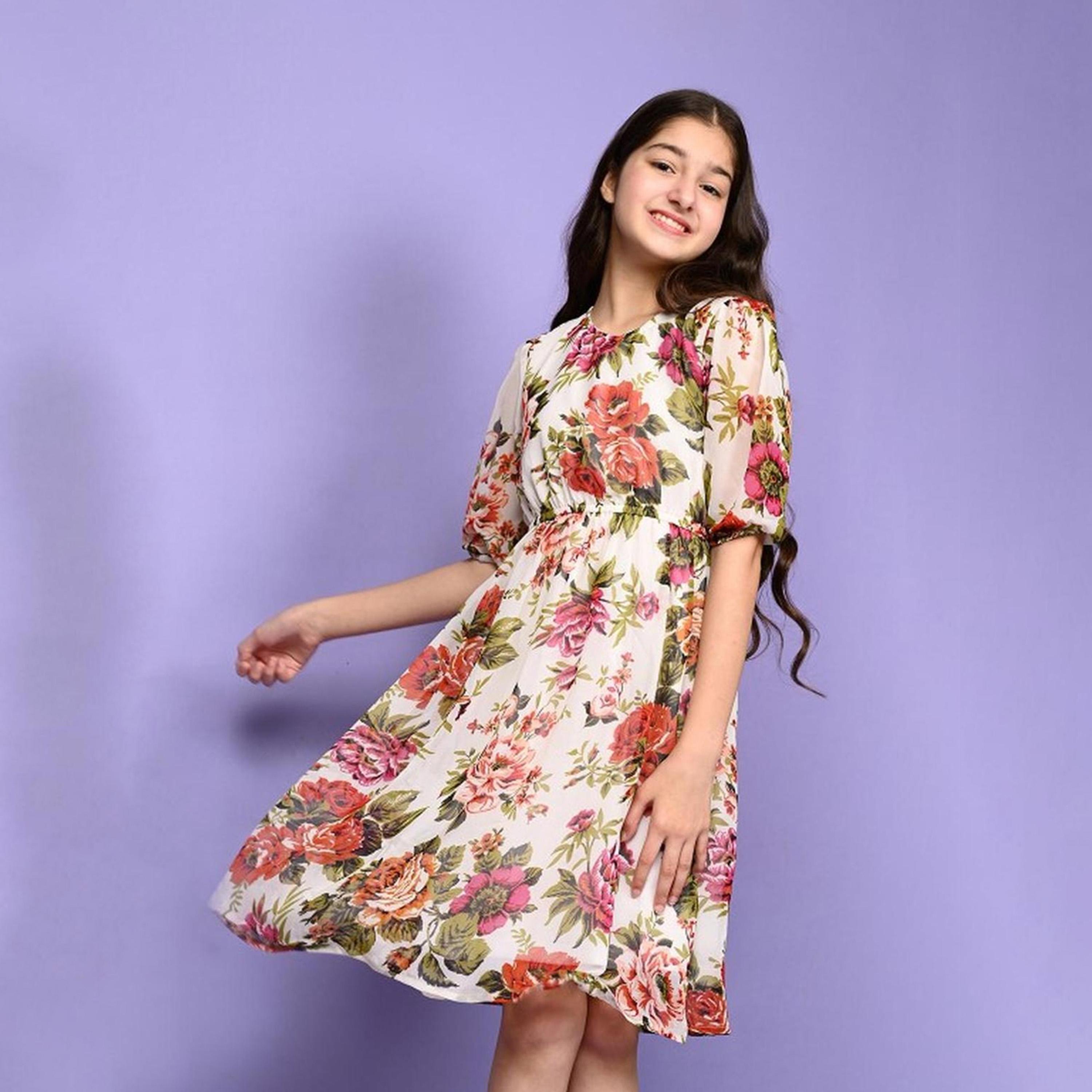 ليبيكس × ستايلي-  فستان جورجيت لون كريمي والبرتقالي-girls-clothing-dressesandjumpsuits-image-1