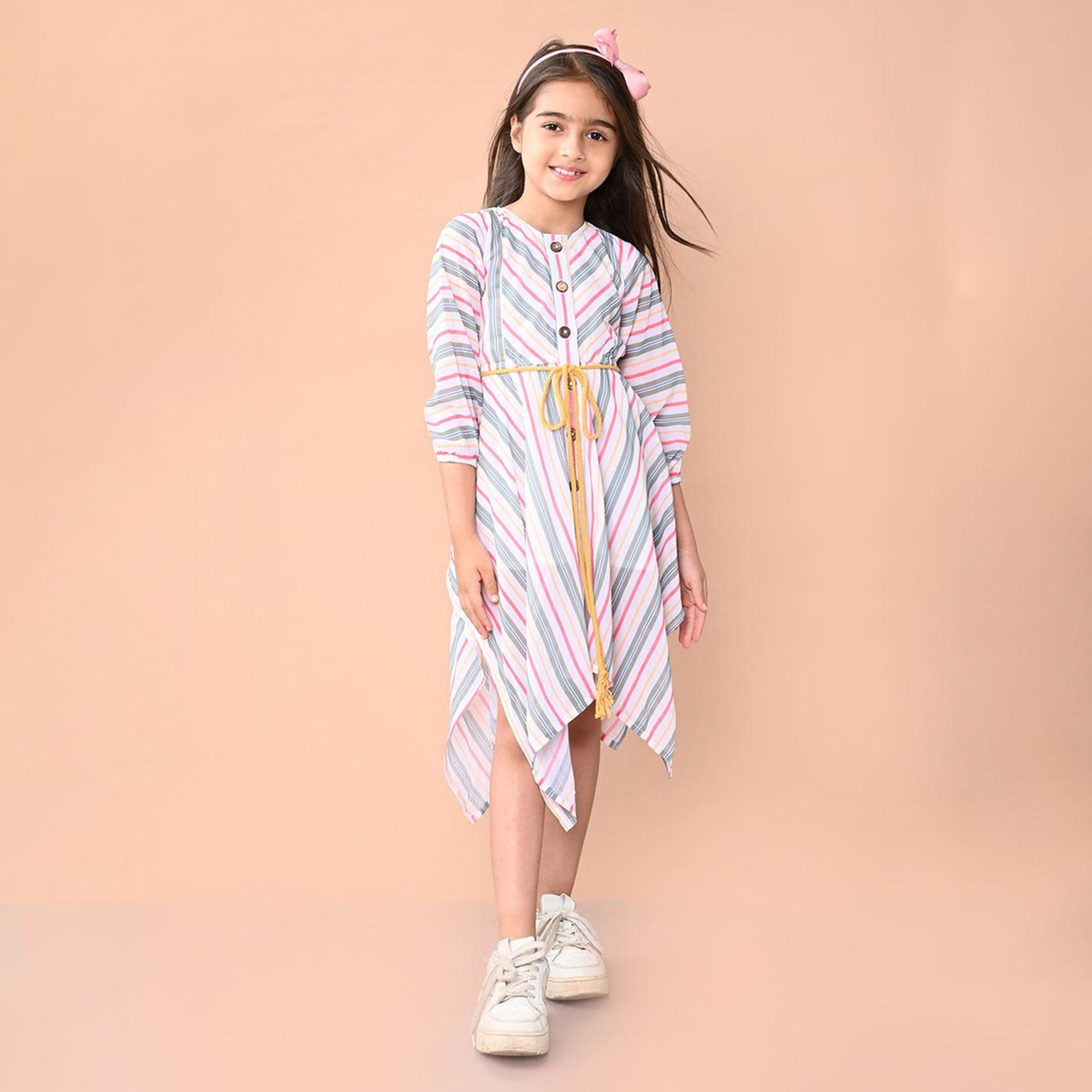 ليبيكس × ستايلي-  فستان متوسط ​​الطول مخطط بحاشية غير متماثلة وأكمام 3/4-girls-clothing-dressesandjumpsuits-image-1