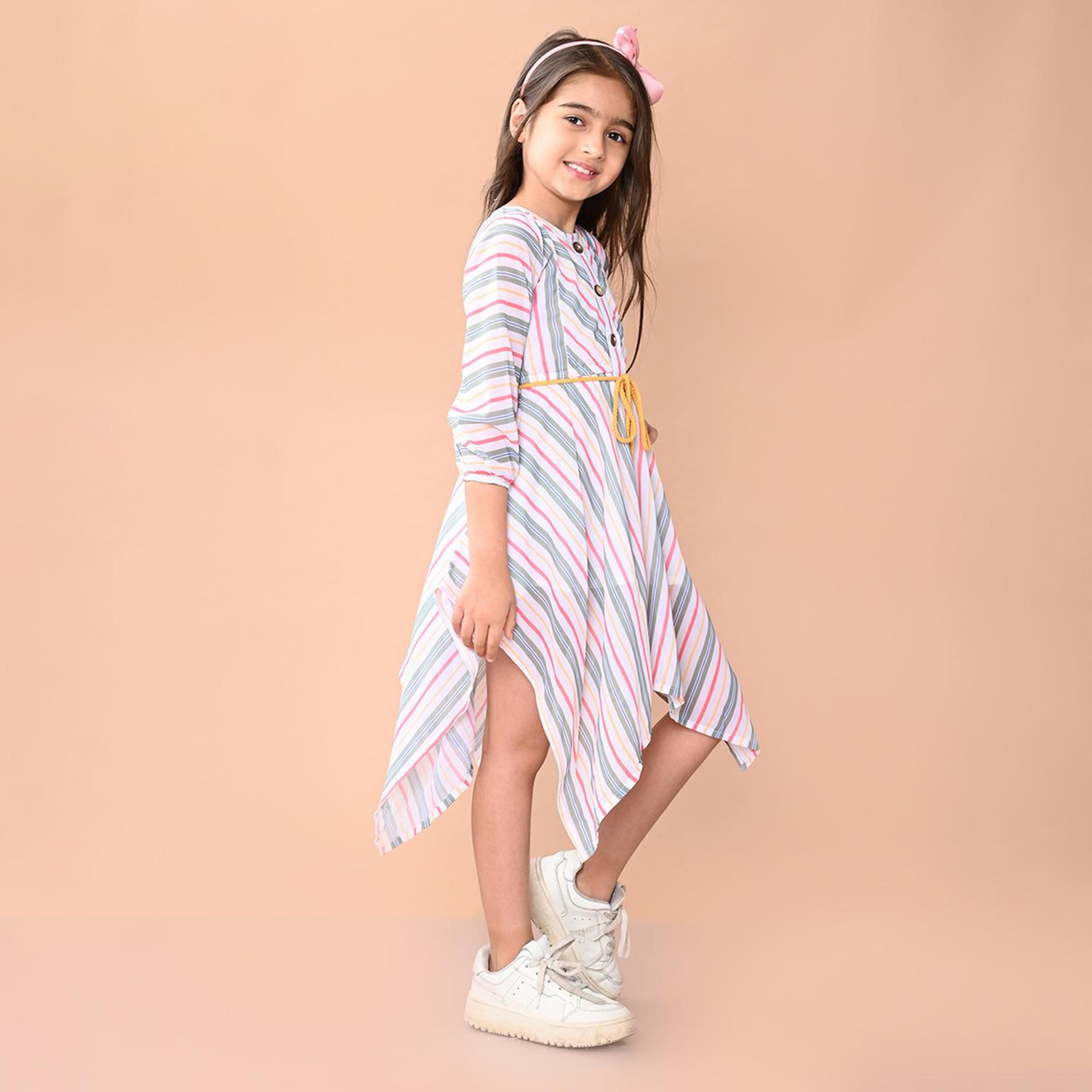 LilPicks X Styli Striped Asymetric Hem 3/4th Sleeve Midi Dress-girls-clothing-dressesandjumpsuits-image-2