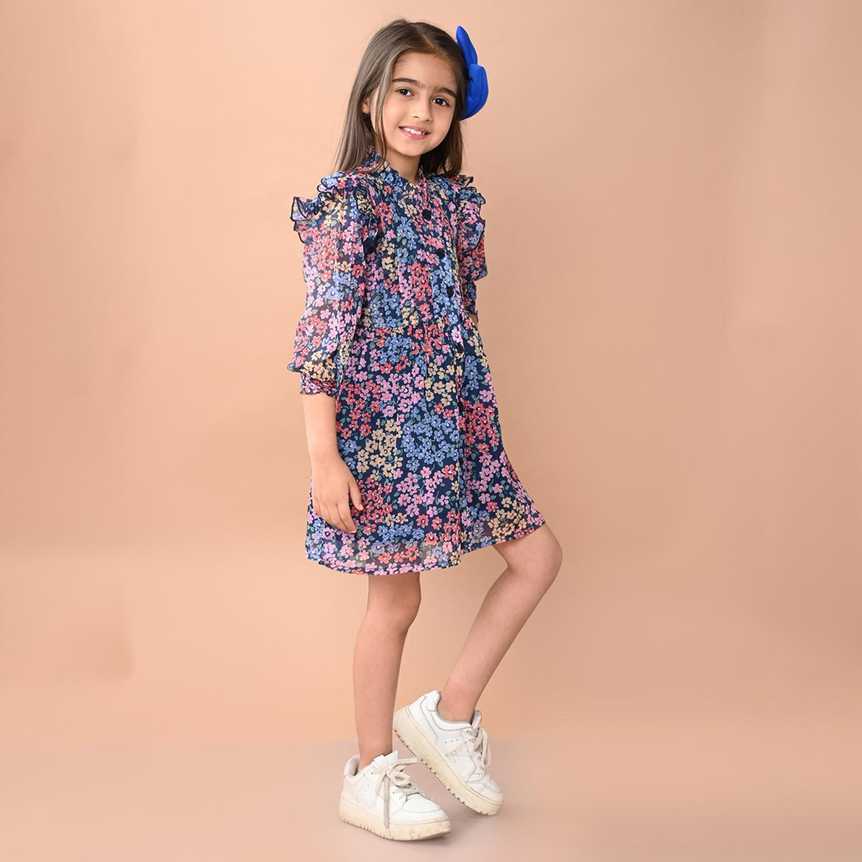 ليبيكس × ستايلي-  فستان قميص شيفون بأكمام منتفخة وطبعة زهور-girls-clothing-dressesandjumpsuits-image-2