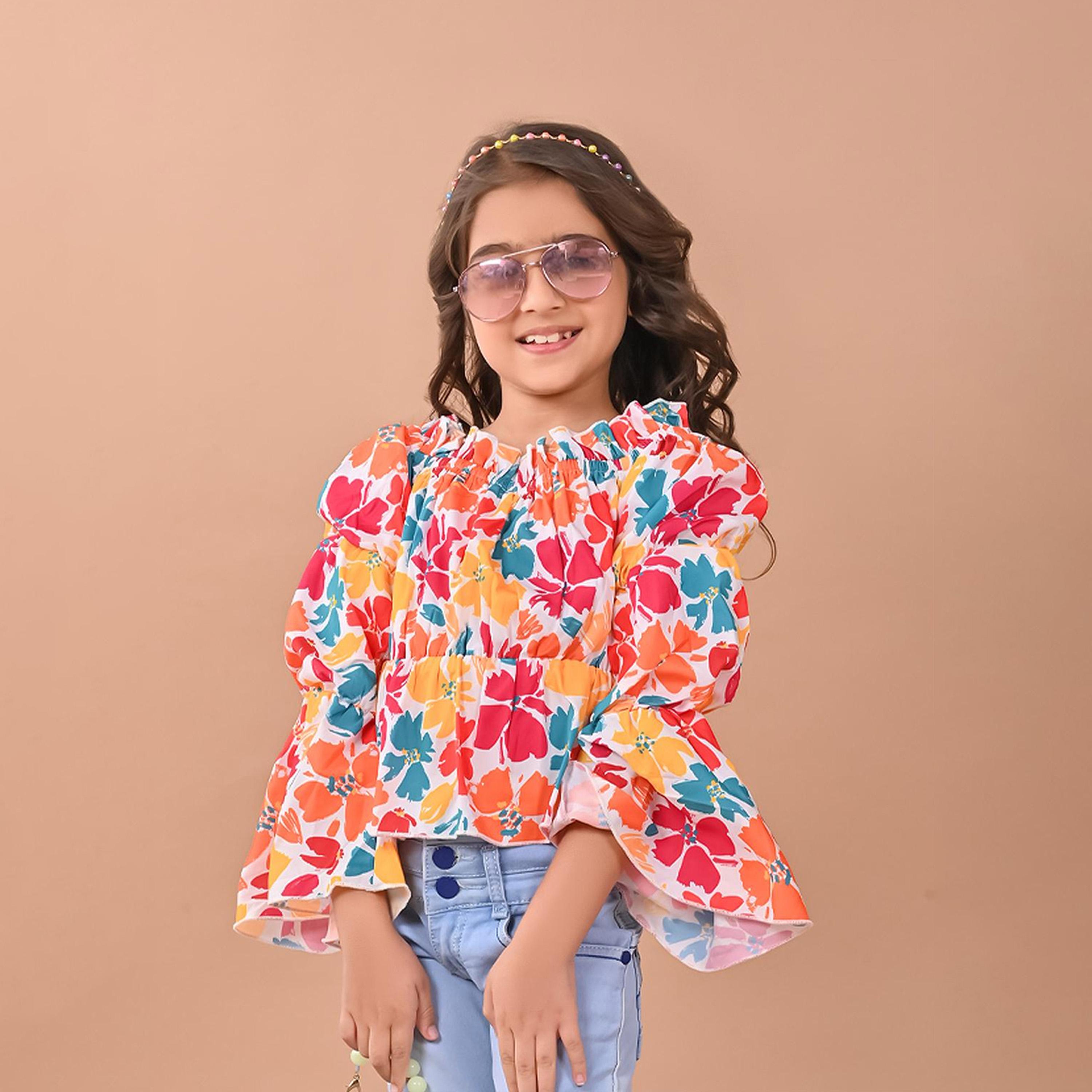 ليبيكس × ستايلي-  بلوزة قطنية بأكمام منتفخة ومطبوعة بالزهور للفتيات-girls-clothing-blousesandshirts-image-1