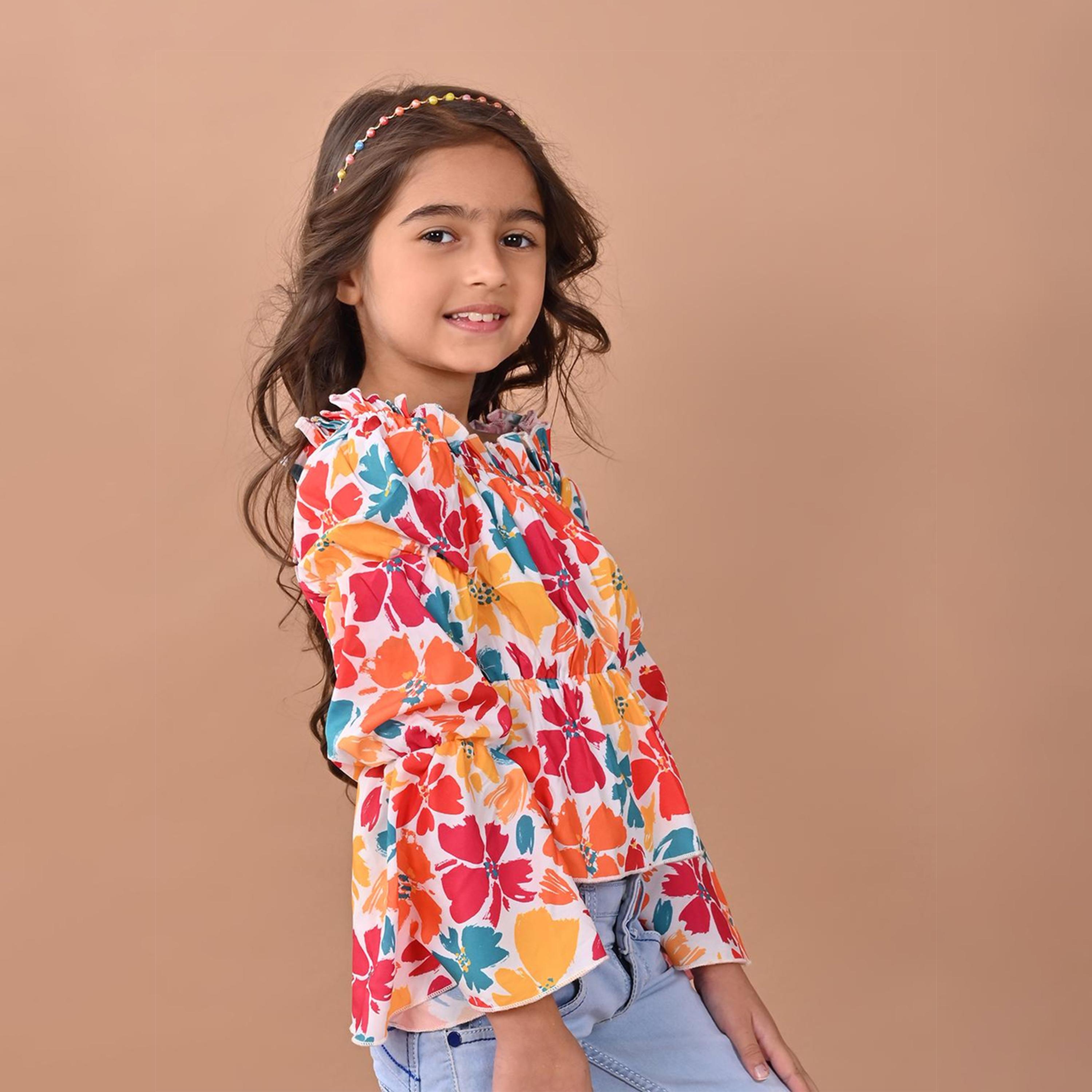 LilPicks X Styli Girls Floral Print Puff Sleeves Cotton Blouson Regular Top-girls-clothing-blousesandshirts-image-2