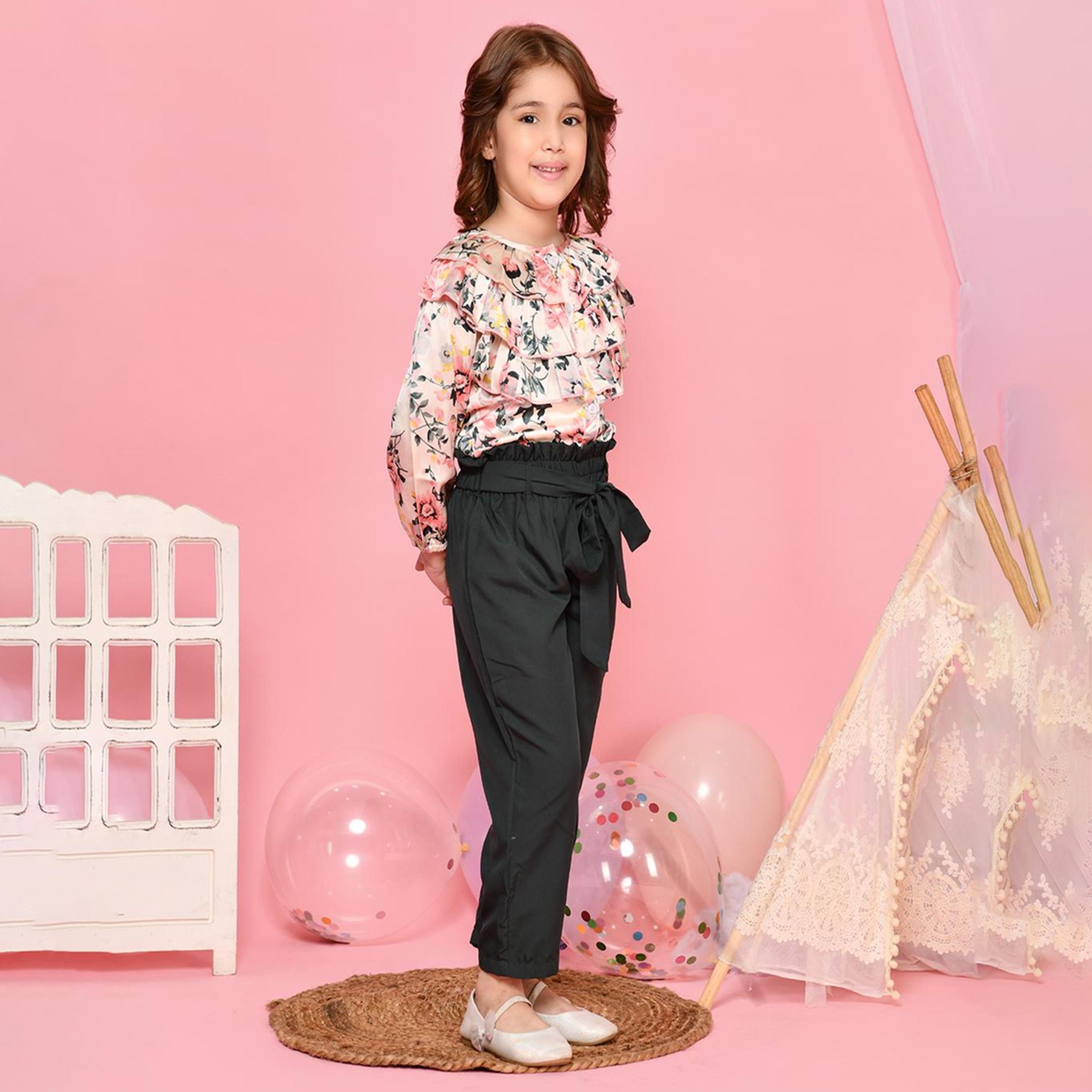 LilPicks X Styli Girls Beige & Green Floral Printed Frilled Top with Trousers-girls-clothing-setsandcoords-image-1