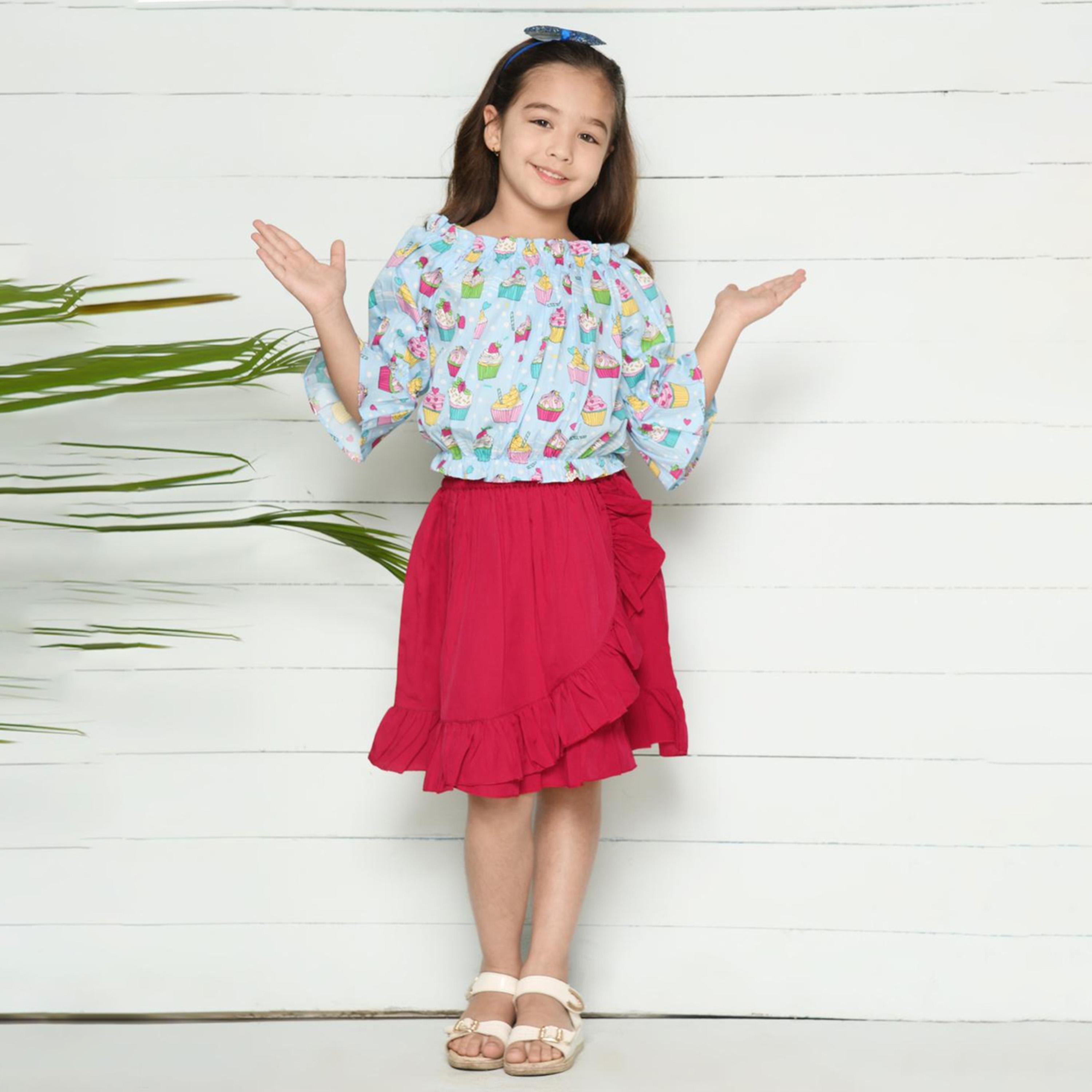 ليبيكس × ستايلي-  بلوزة مطبوعة للفتيات باللون الأزرق الفيروزي والأحمر مع تنورة-girls-clothing-setsandcoords-image-1