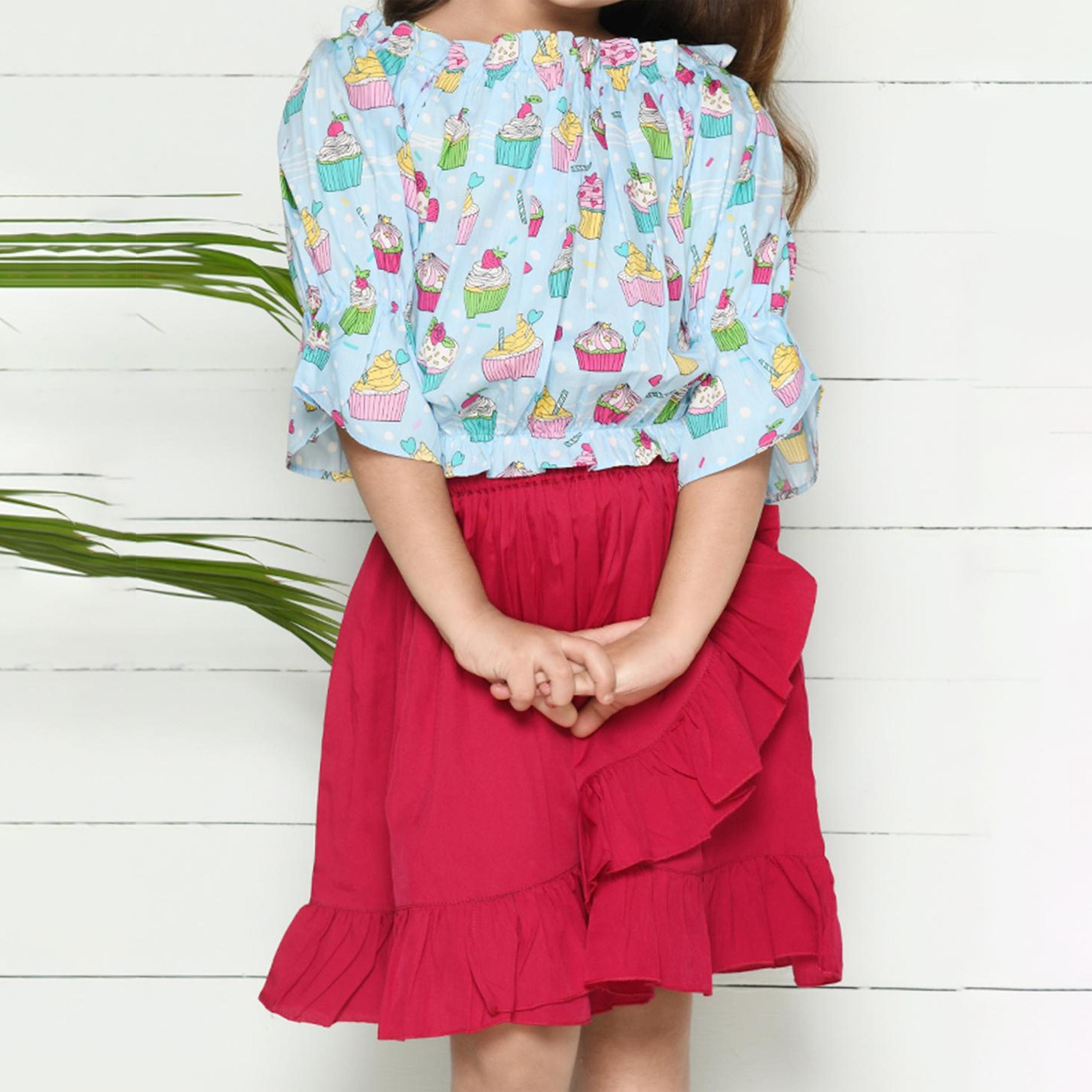 ليبيكس × ستايلي-  بلوزة مطبوعة للفتيات باللون الأزرق الفيروزي والأحمر مع تنورة-girls-clothing-setsandcoords-image-2