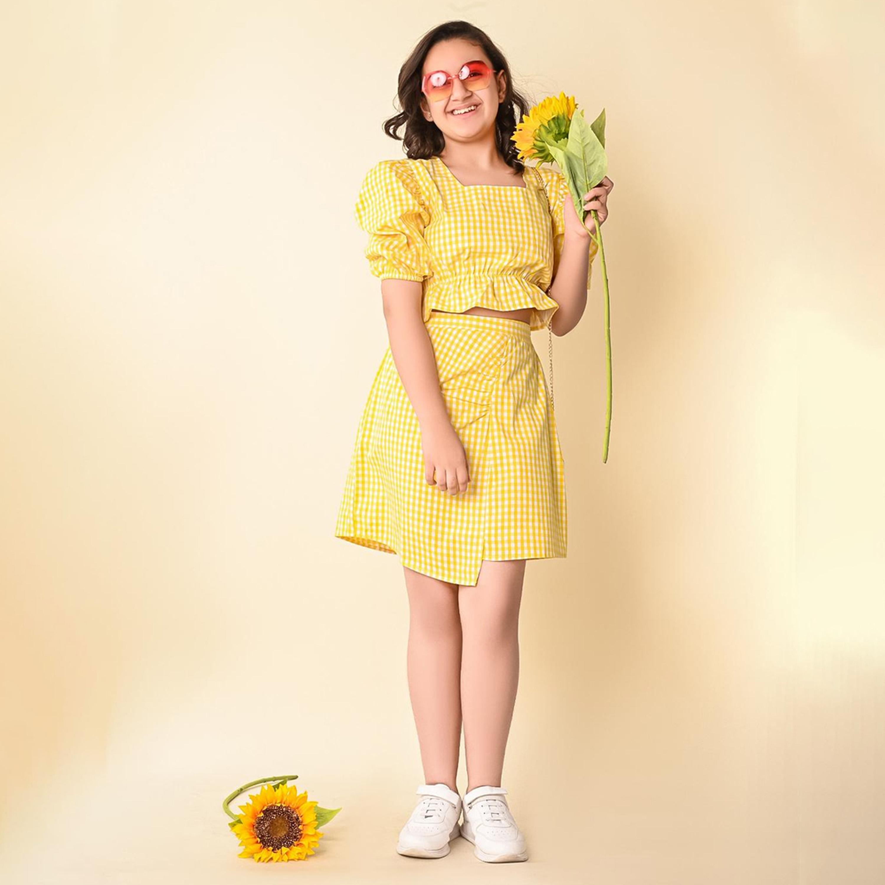 LilPicks X Styli Girls Checked Square Neck Puff Sleeves Top with Skirt Clothing Set-girls-clothing-setsandcoords-image-1