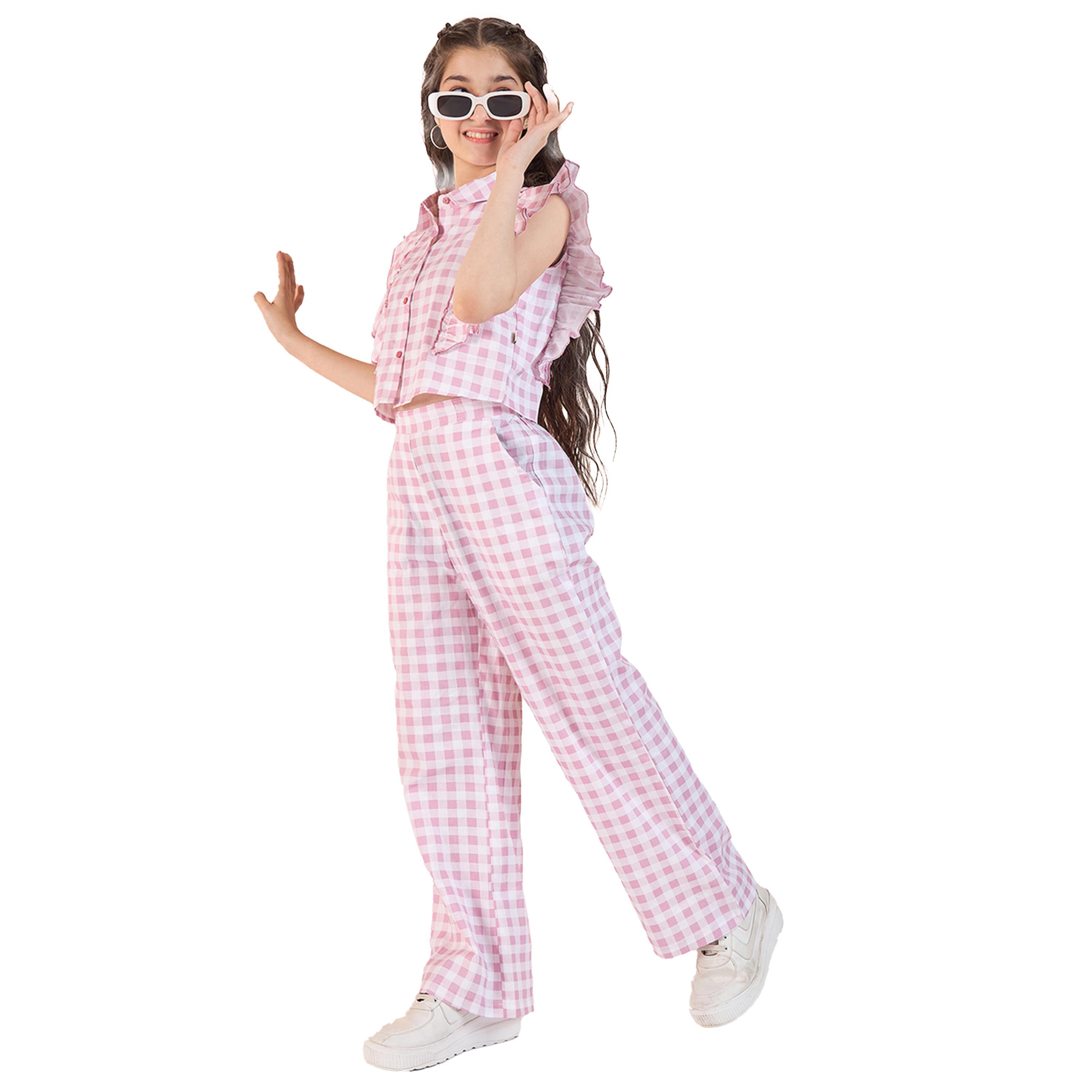Stylo Bug X Styli Checked Print Frill Sleeve Top and Pants Set-girls-clothing-setsandcoords-image-1