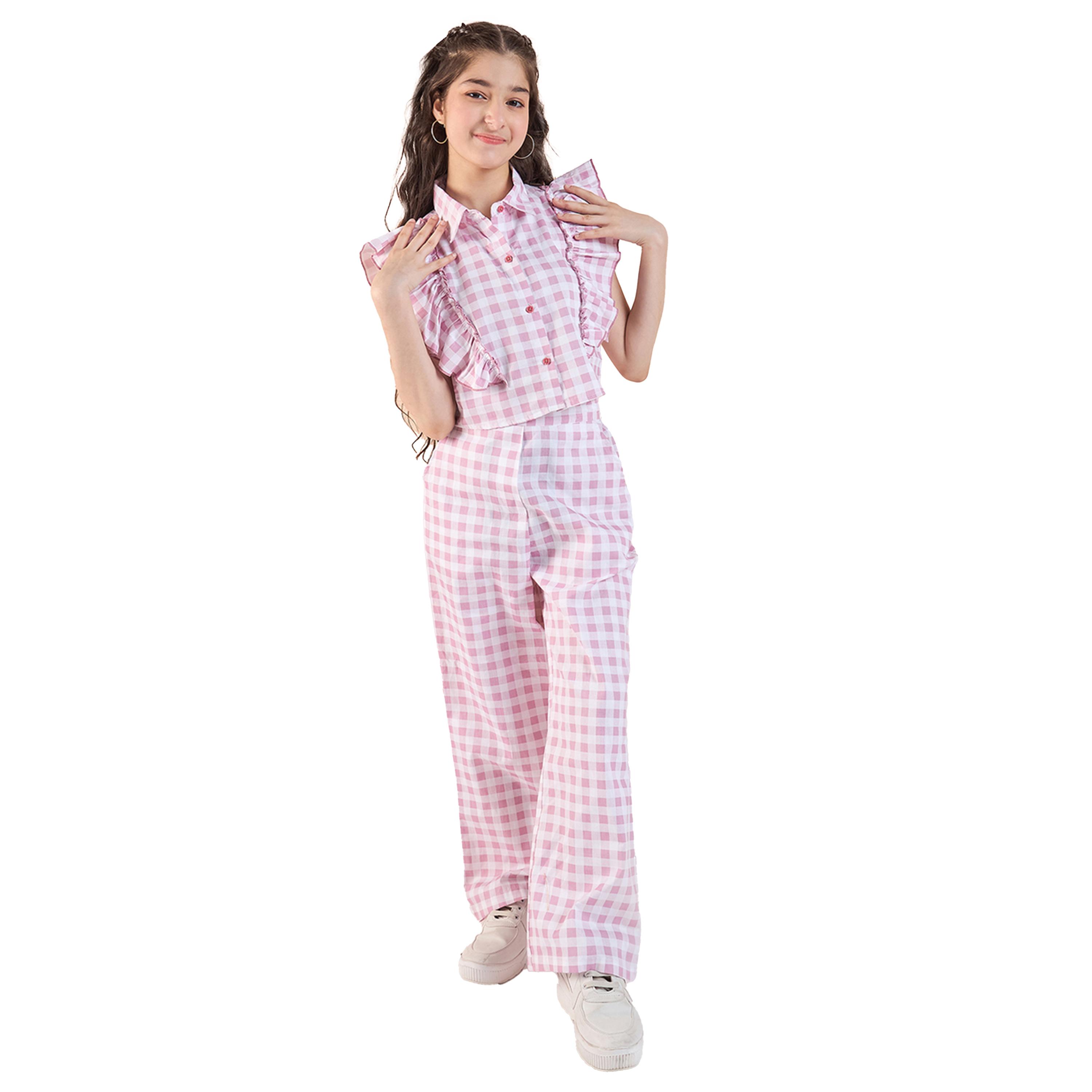 Stylo Bug X Styli Checked Print Frill Sleeve Top and Pants Set-girls-clothing-setsandcoords-image-2