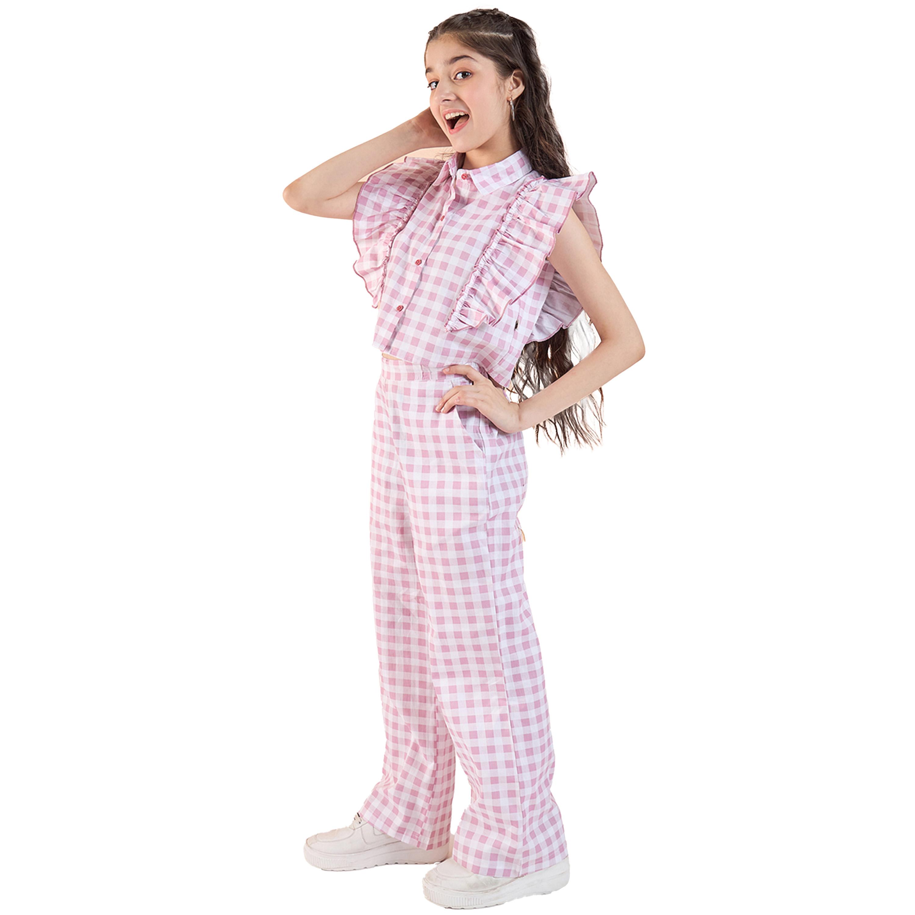 ستايلو باغ × ستايلي- طقم قميص وسروال بأكمام مكشكشة وطبعة مربعات-girls-clothing-setsandcoords-image-3