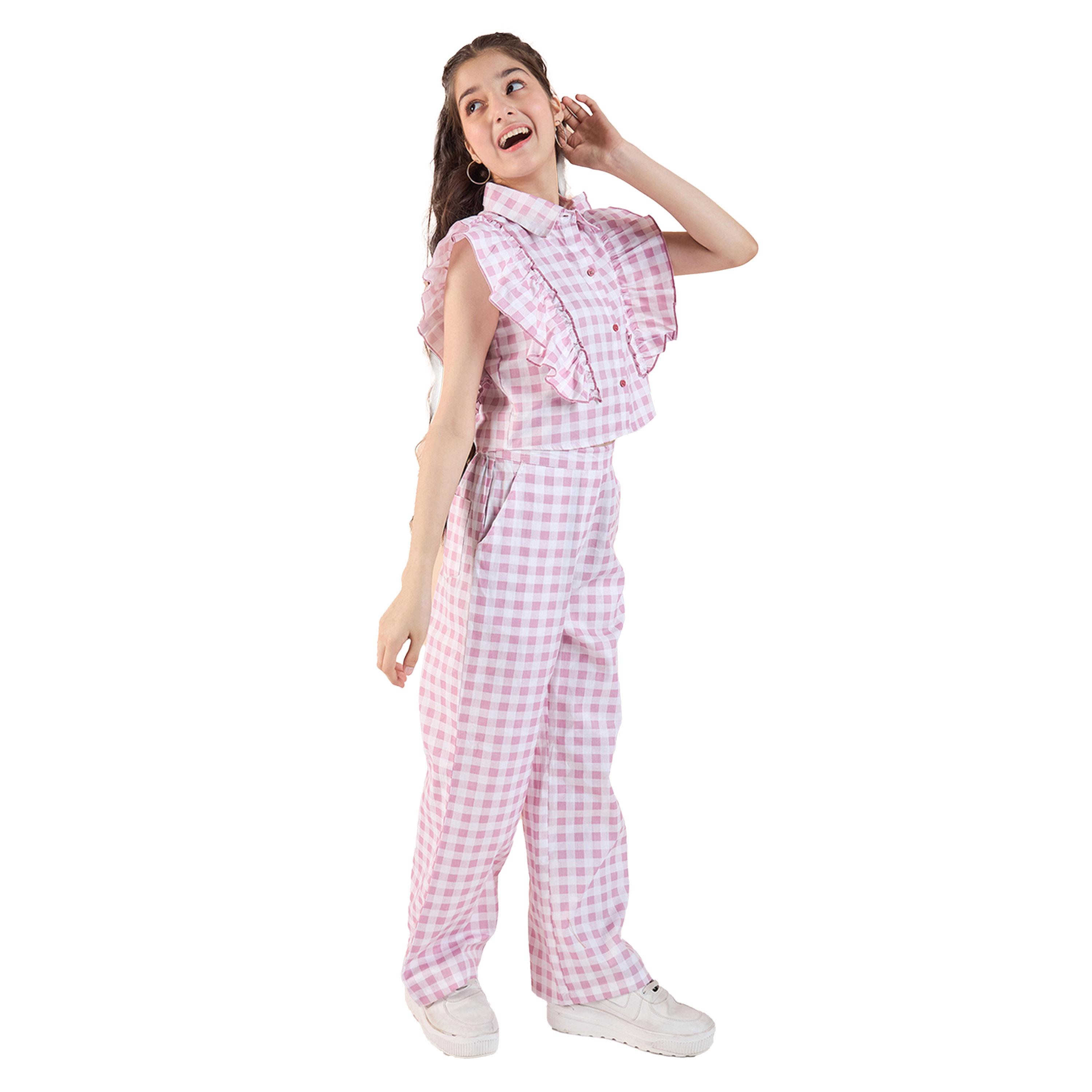 Stylo Bug X Styli Checked Print Frill Sleeve Top and Pants Set-girls-clothing-setsandcoords-image-4