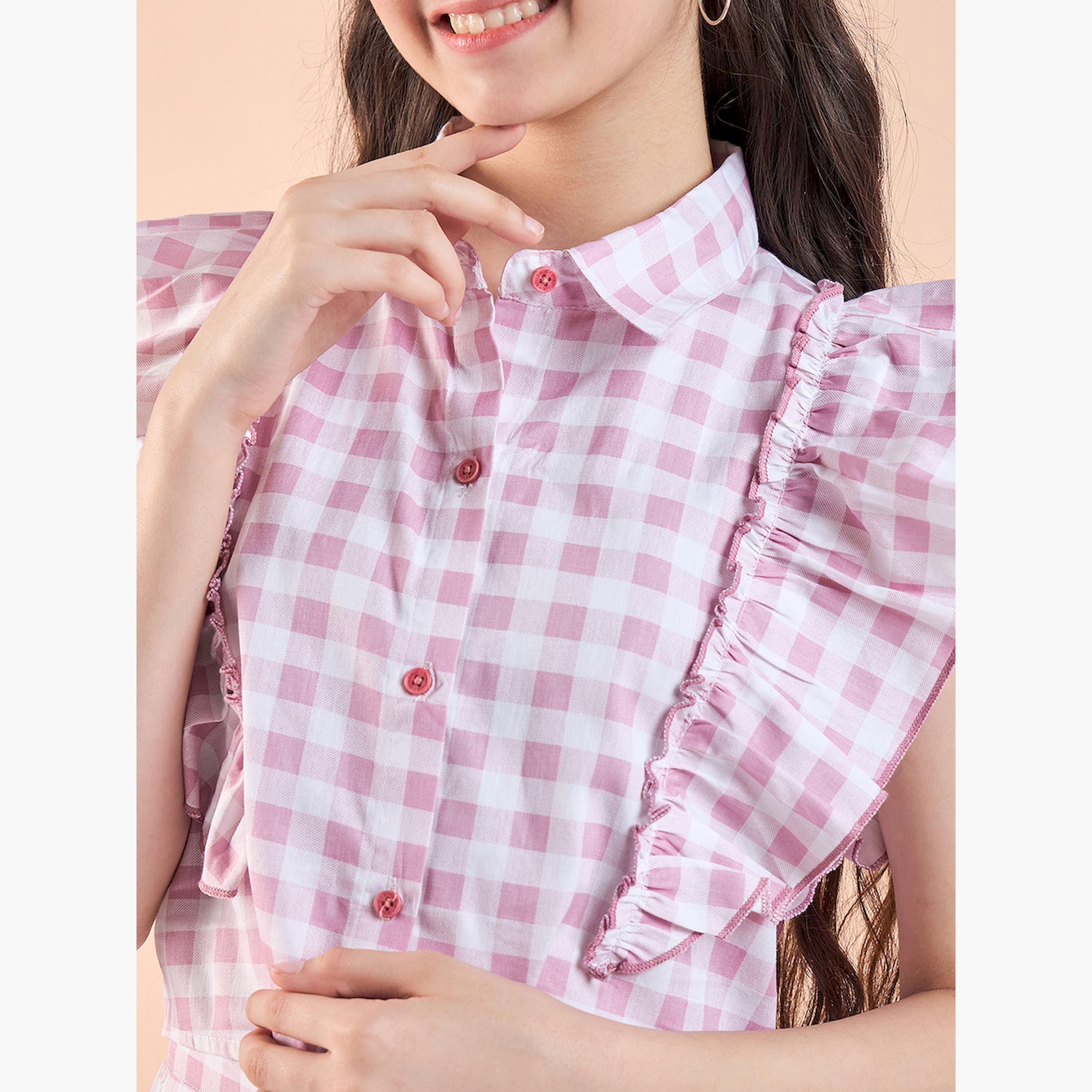 ستايلو باغ × ستايلي- طقم قميص وسروال بأكمام مكشكشة وطبعة مربعات-girls-clothing-setsandcoords-image-6