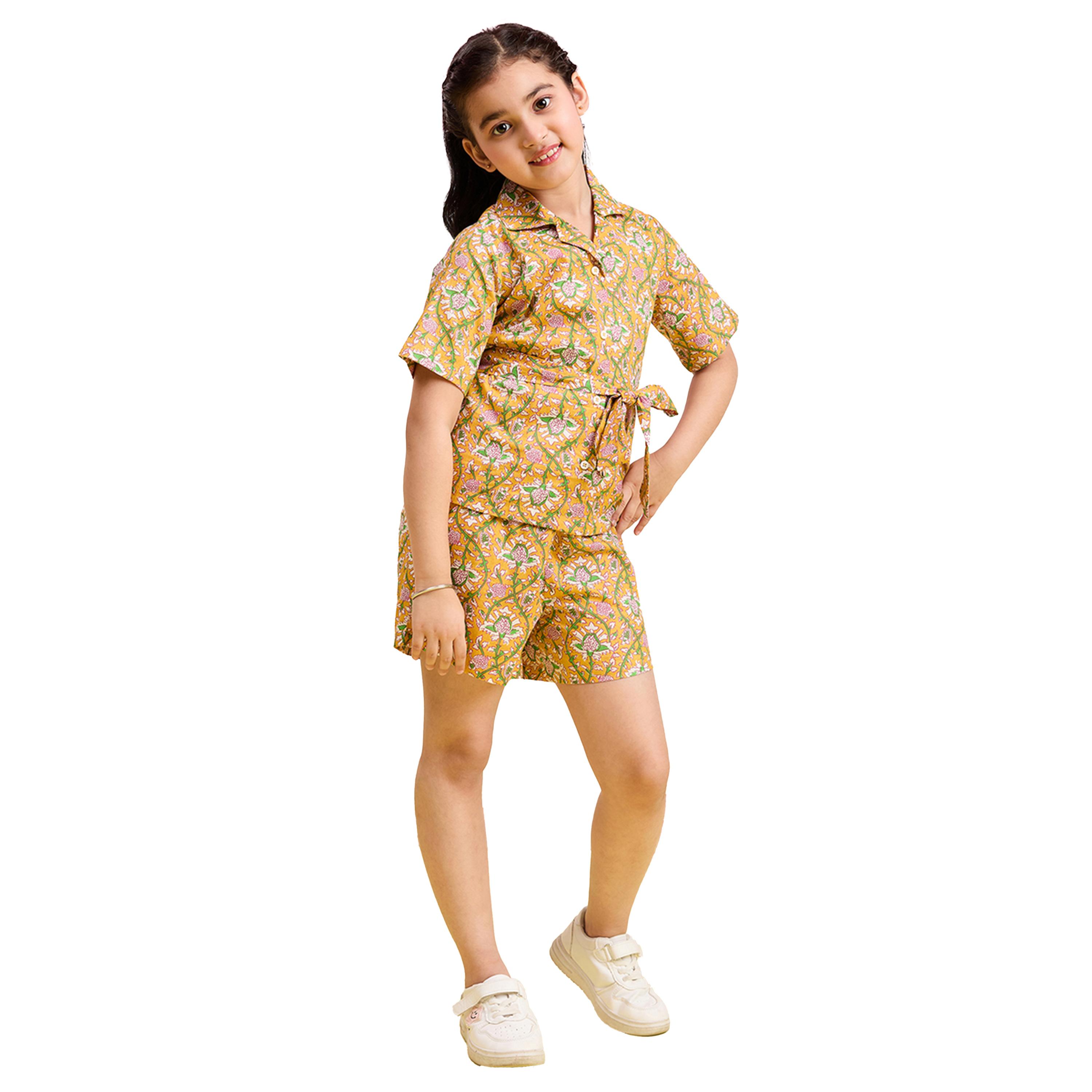 Stylo Bug X Styli Yellow Floral Cotton Shirt & Shorts Set for Girls-girls-clothing-setsandcoords-image-1